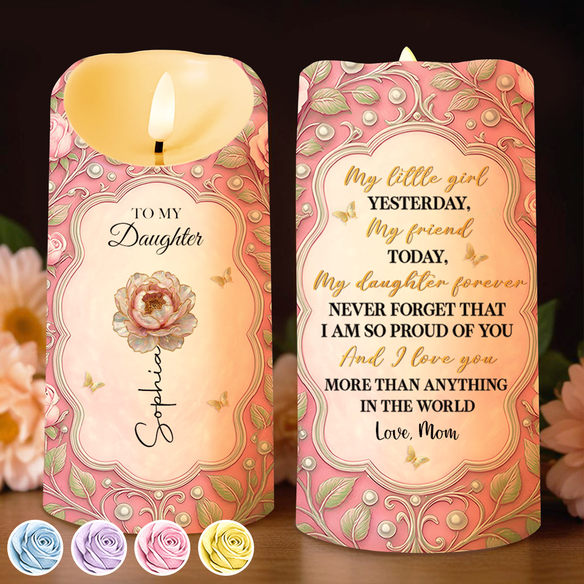 To My Daughter My Little Girl Yesterday Flower and Butterflies - Personalized Custom LED Candle - DAU543_LECA