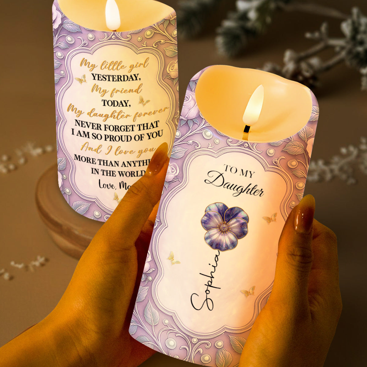To My Daughter My Little Girl Yesterday Flower and Butterflies - Personalized Custom LED Candle - DAU543_LECA