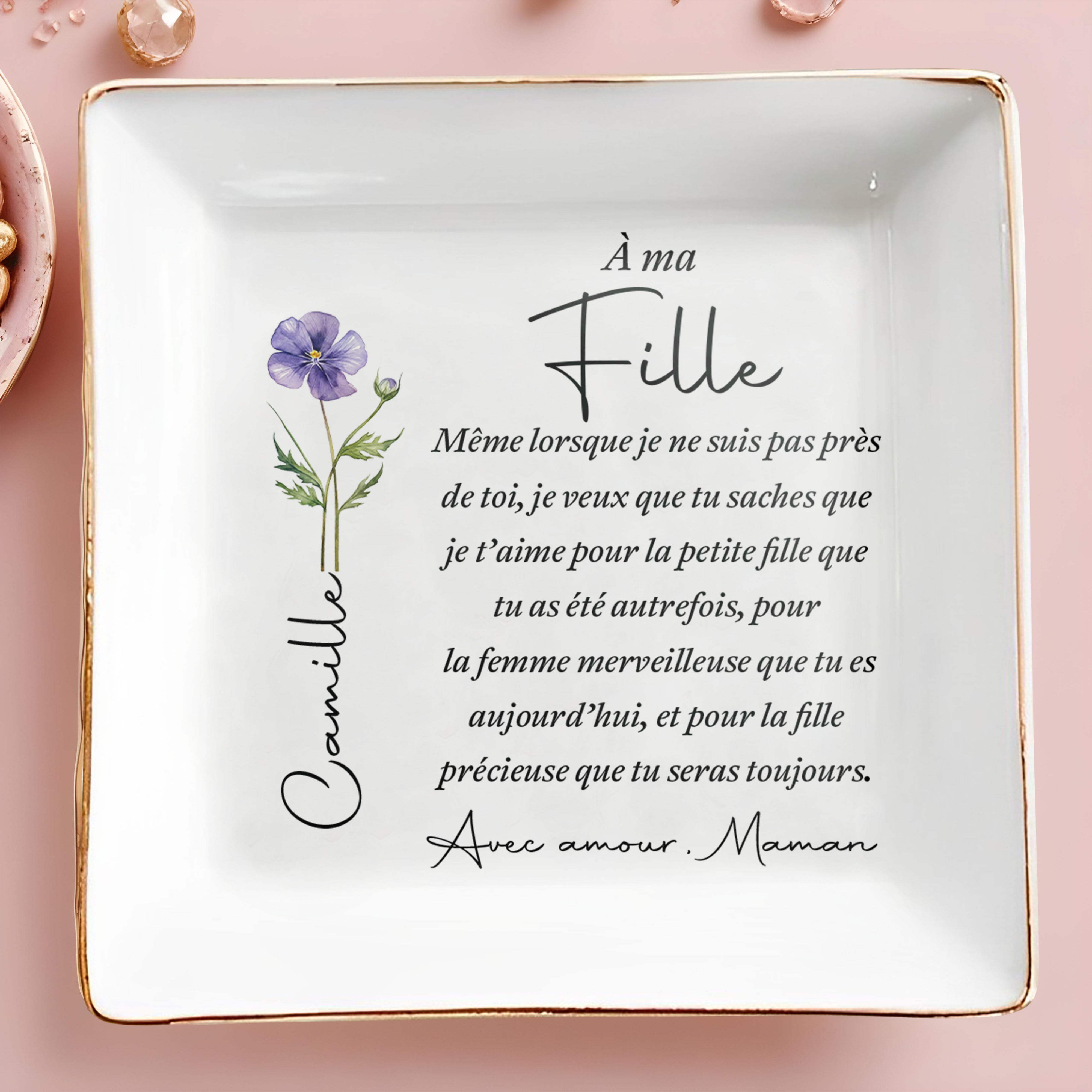À Ma Fille Birth Month Flower Jewelry Dish Gift From Mom - Personalized Custom Jewelry Dish, Square Ceramic Dish - DAU549_SCRD