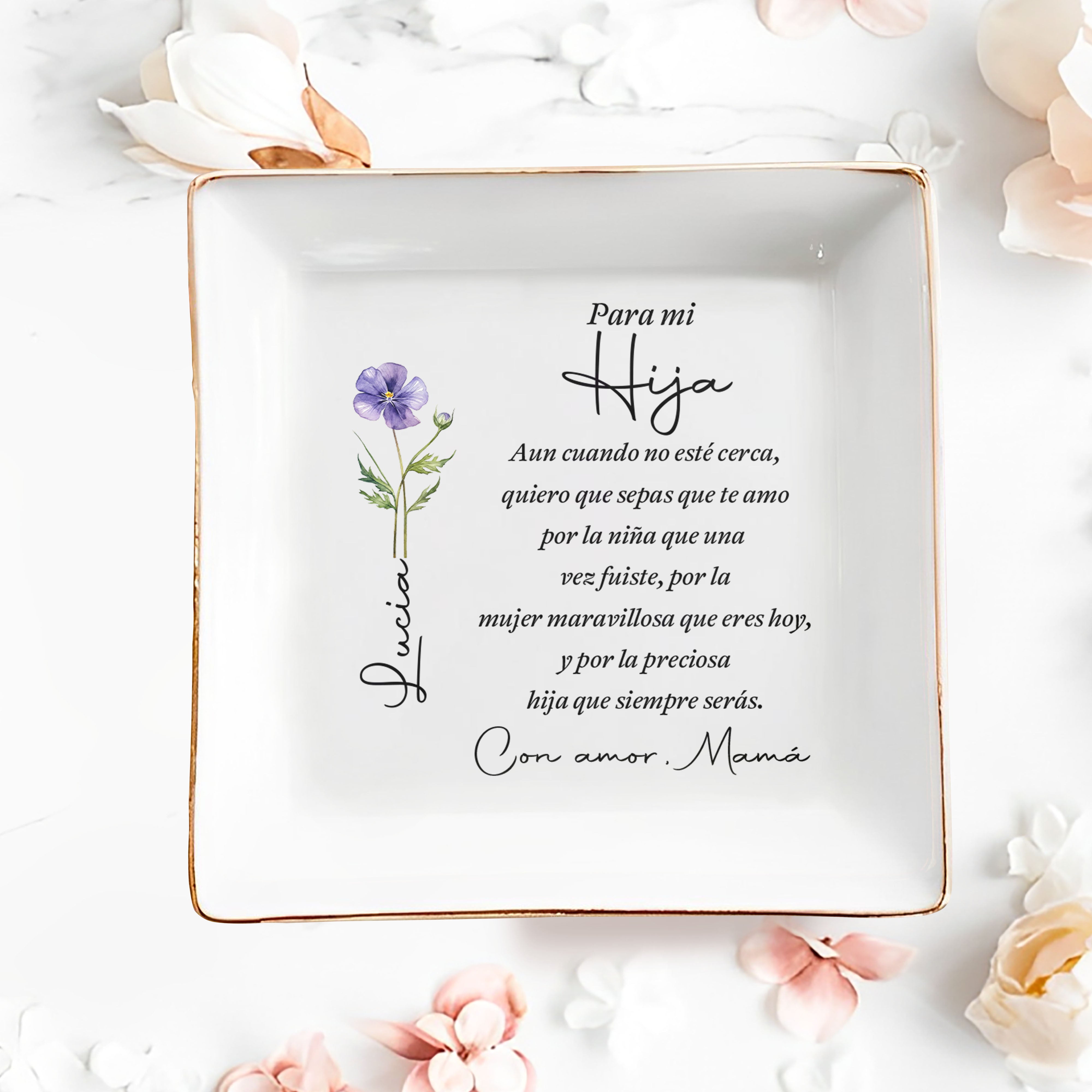 Para Mi Hija Spanish Message Birth Month Flower Jewelry Dish - Personalized Custom Jewelry Dish, Square Ceramic Dish - DAU550_SCRD