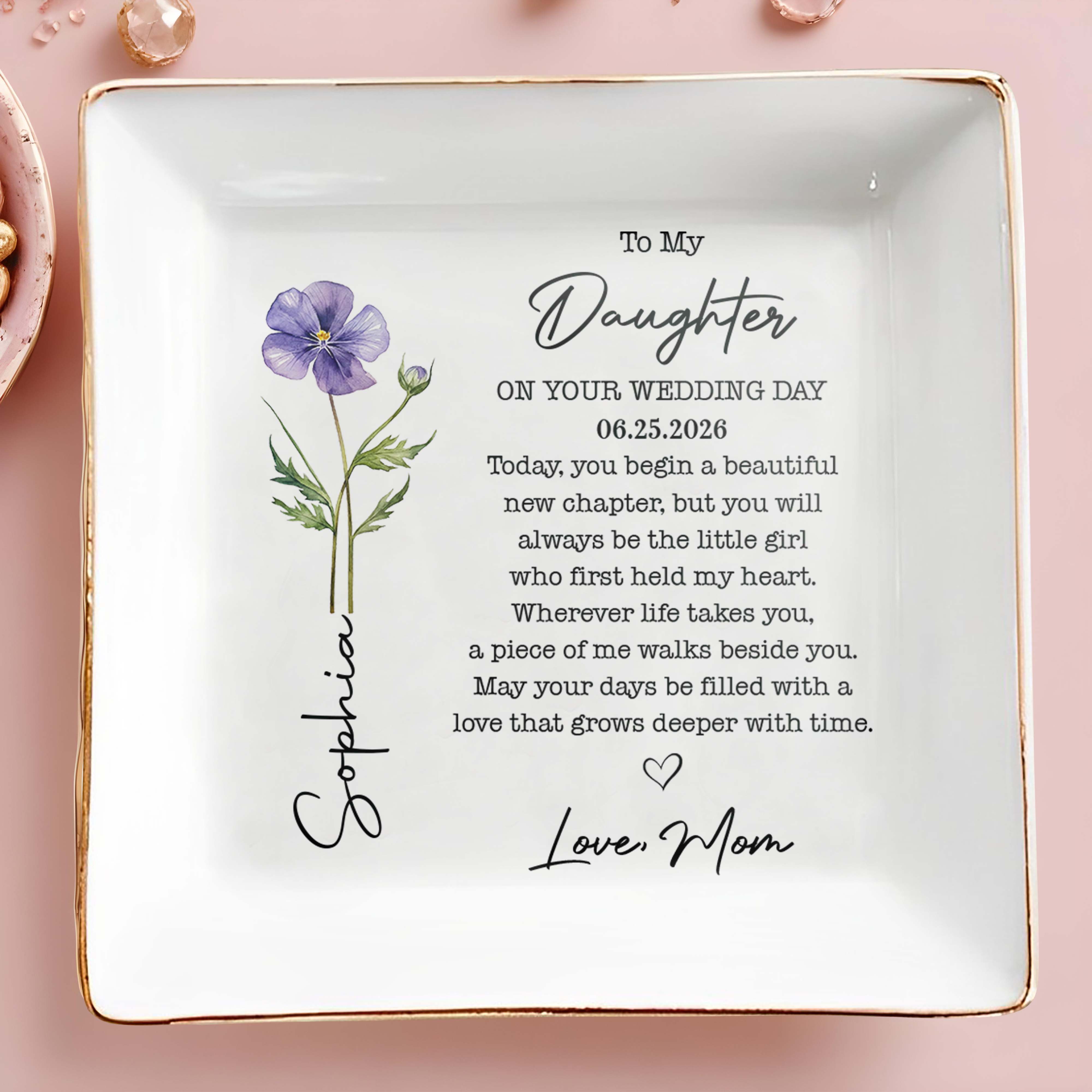 To My Daughter On Your Wedding Day Birth Month Flower Heart - Personalized Custom Jewelry Dish, Square Ceramic Dish - DAU554_SCRD