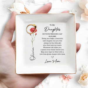 To My Daughter On Your Wedding Day Birth Month Flower Heart - Personalized Custom Jewelry Dish, Square Ceramic Dish - DAU554_SCRD