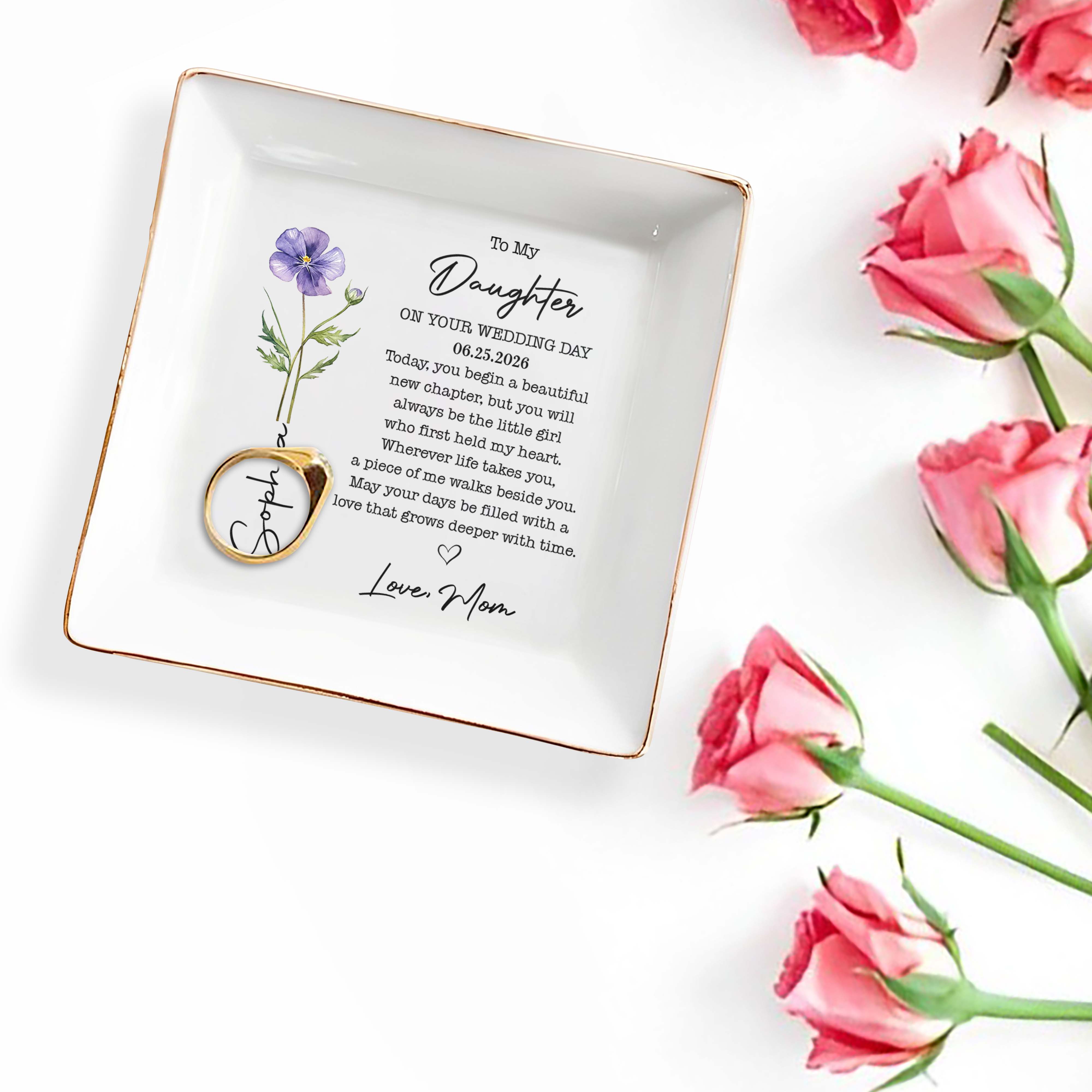 To My Daughter On Your Wedding Day Birth Month Flower Heart - Personalized Custom Jewelry Dish, Square Ceramic Dish - DAU554_SCRD