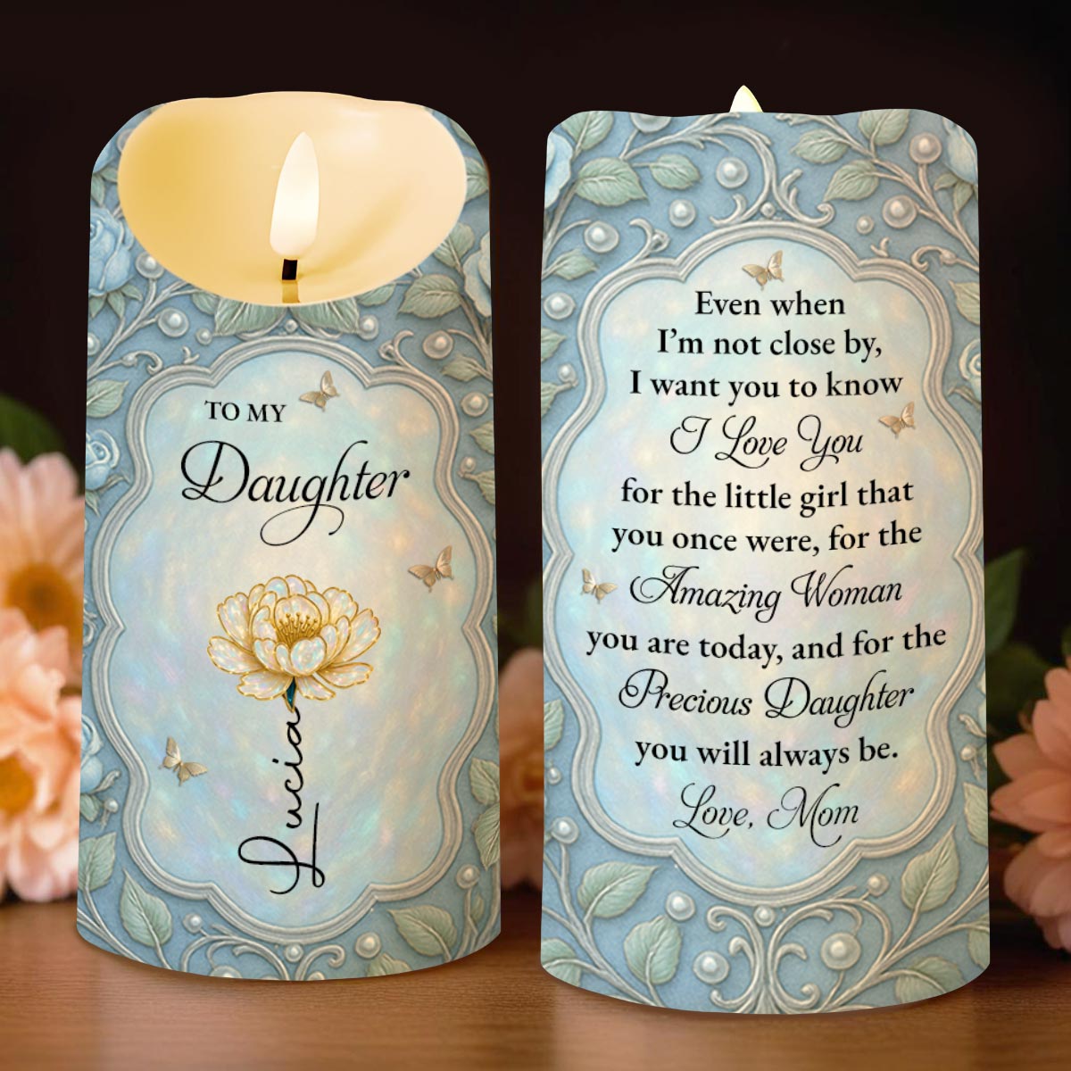 To My Daughter I Love You Flower And Butterfly Frame - Personalized Custom LED Candle - DAU565_LECA