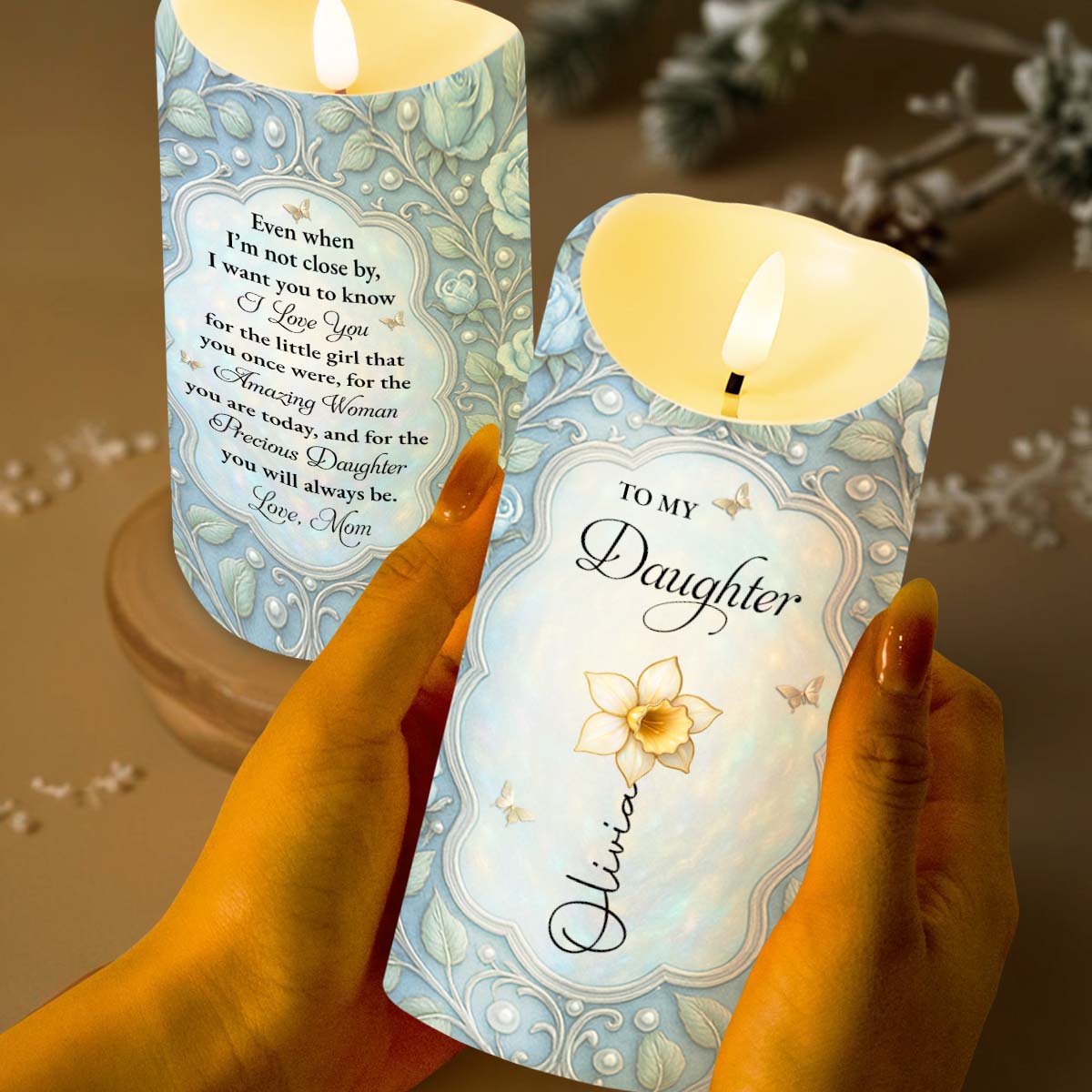 To My Daughter I Love You Flower And Butterfly Frame - Personalized Custom LED Candle - DAU565_LECA