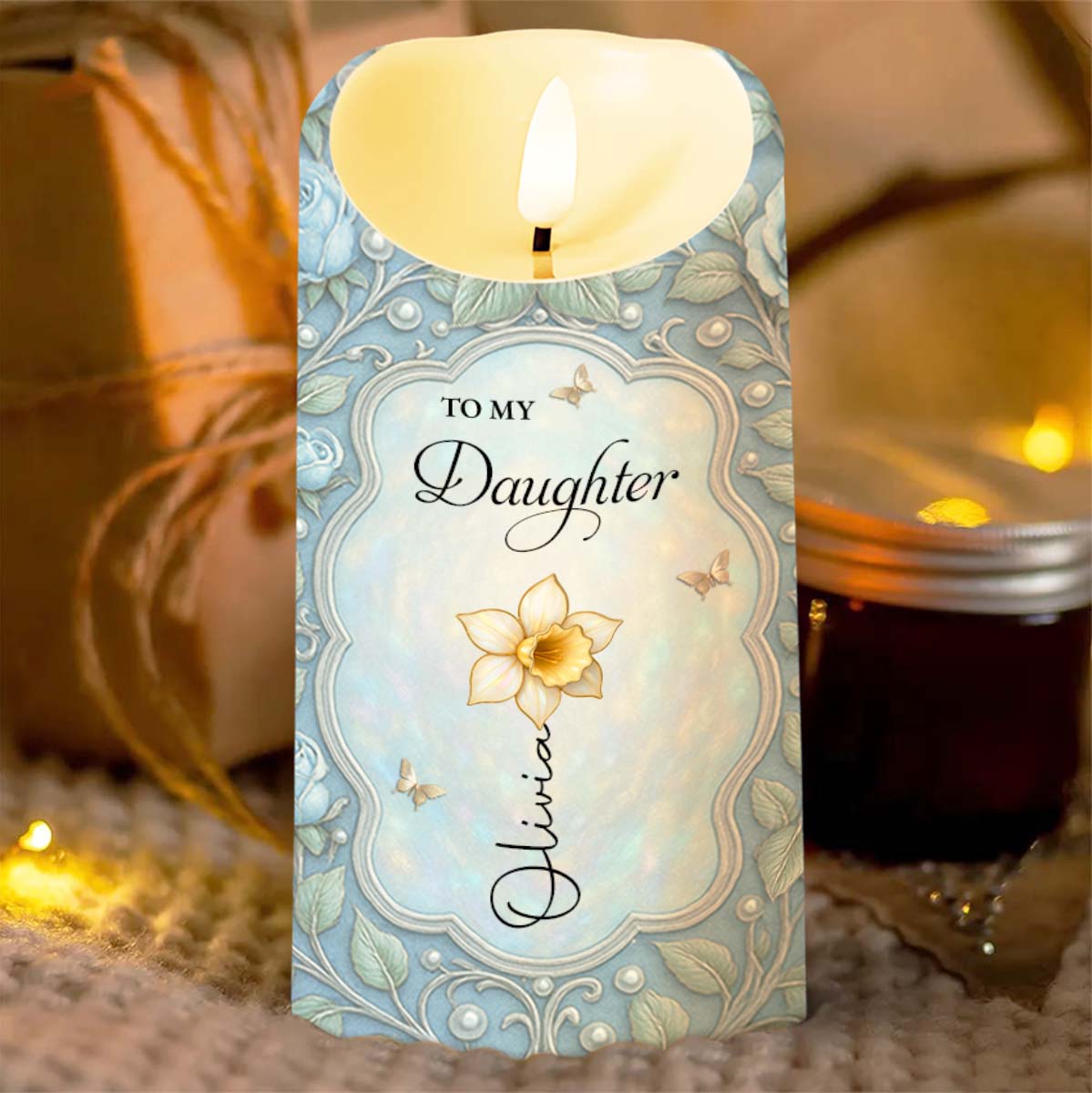 To My Daughter I Love You Flower And Butterfly Frame - Personalized Custom LED Candle - DAU565_LECA