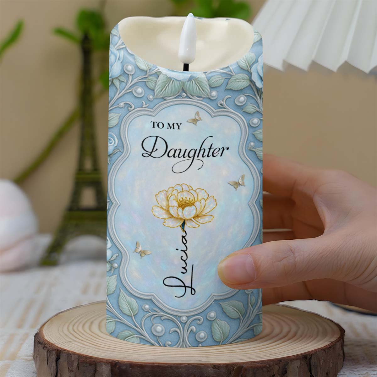 To My Daughter I Love You Flower And Butterfly Frame - Personalized Custom LED Candle - DAU565_LECA