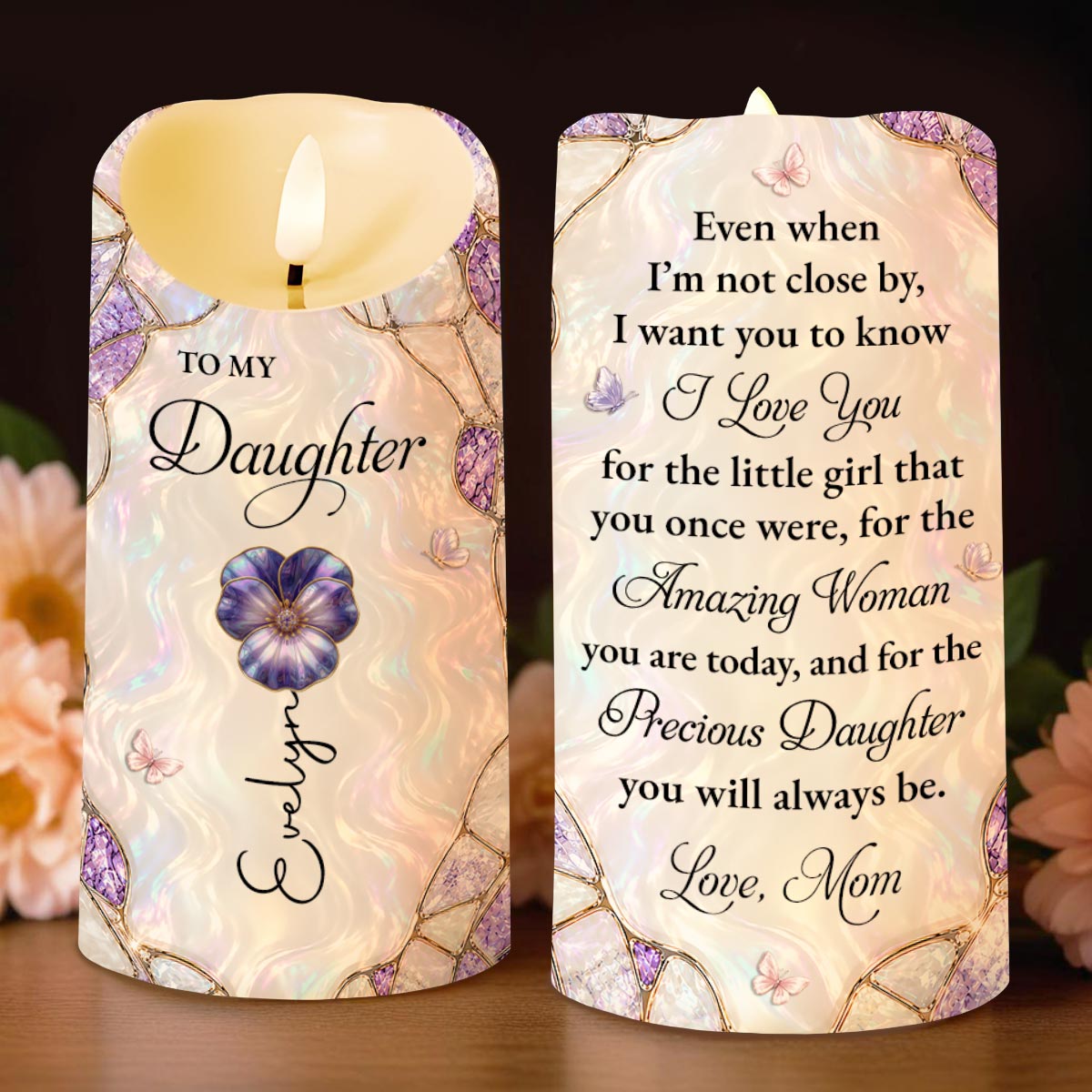 To My Daughter I Love You Birth Month Flower Butterflies - Personalized Custom LED Candle - DAU572_LECA