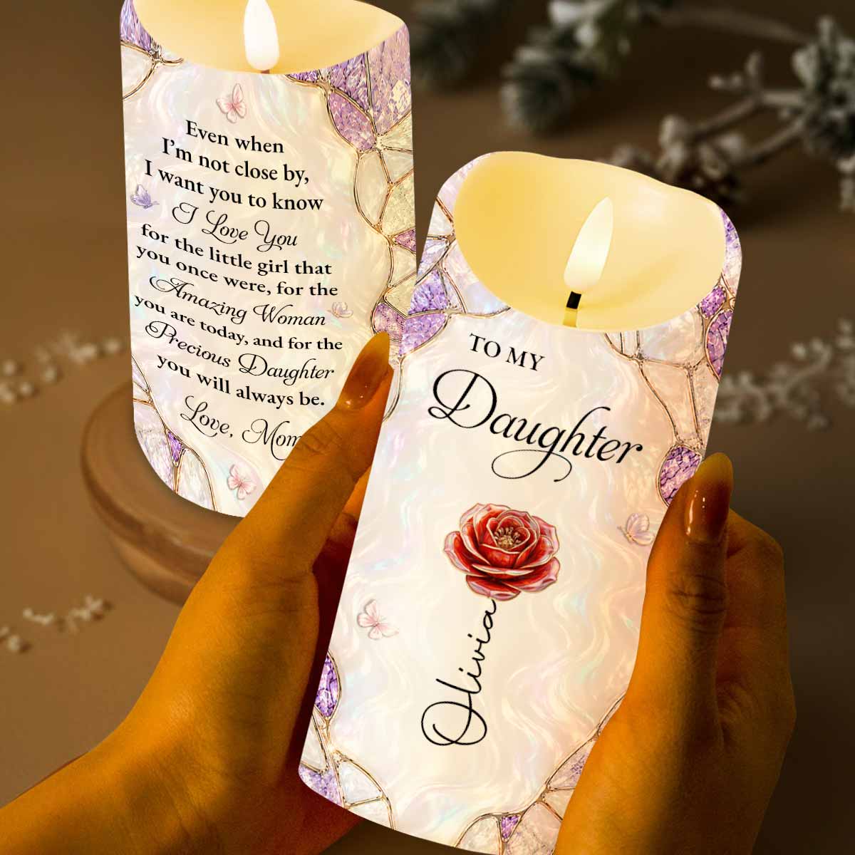 To My Daughter I Love You Birth Month Flower Butterflies - Personalized Custom LED Candle - DAU572_LECA