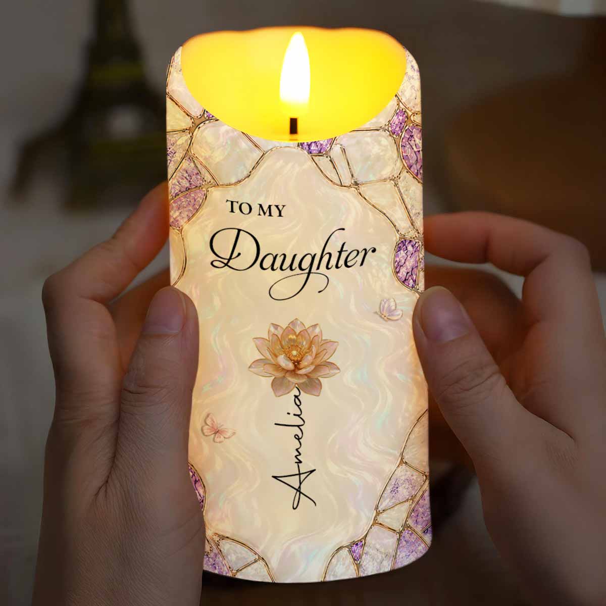 To My Daughter I Love You Birth Month Flower Butterflies - Personalized Custom LED Candle - DAU572_LECA
