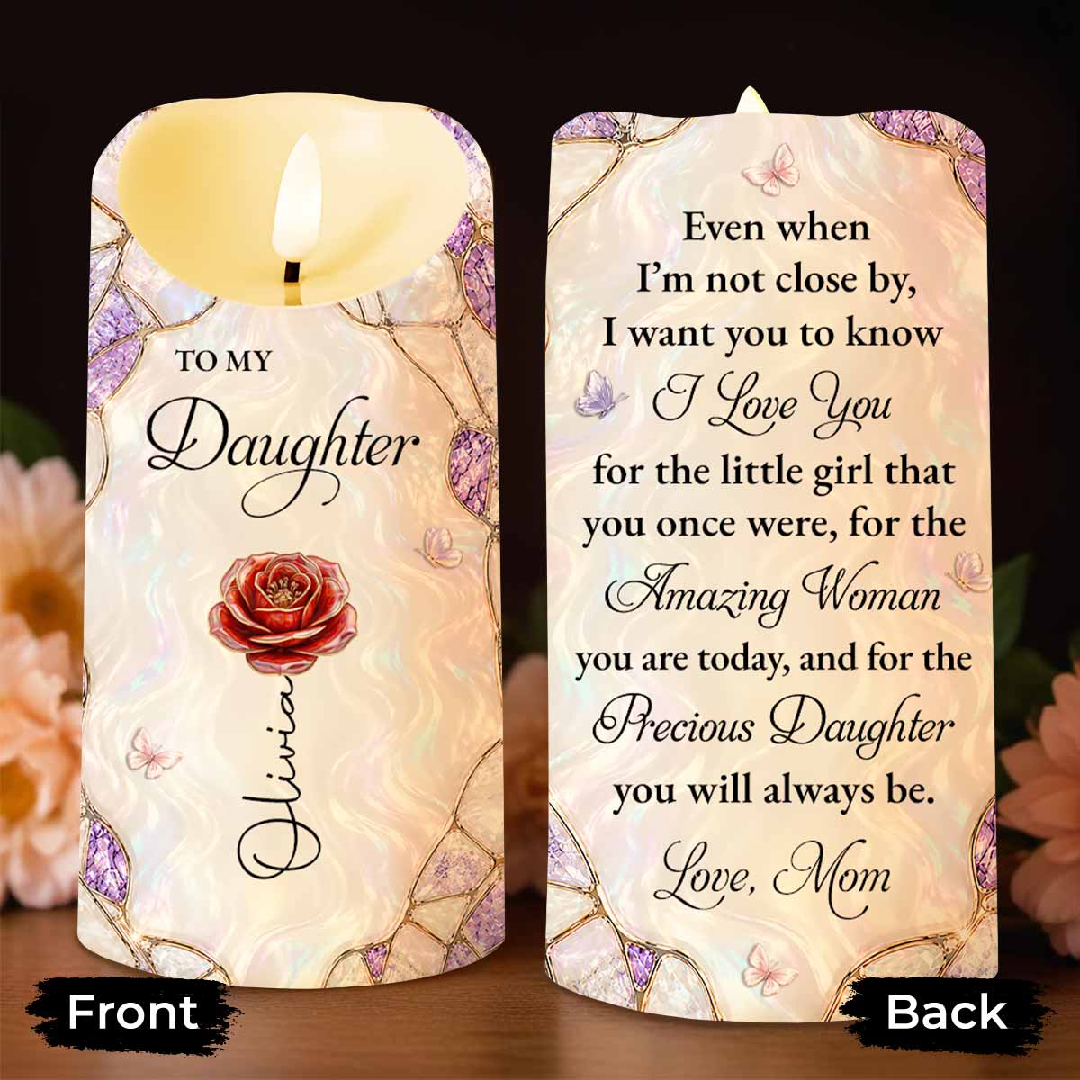 To My Daughter I Love You Birth Month Flower Butterflies - Personalized Custom LED Candle - DAU572_LECA