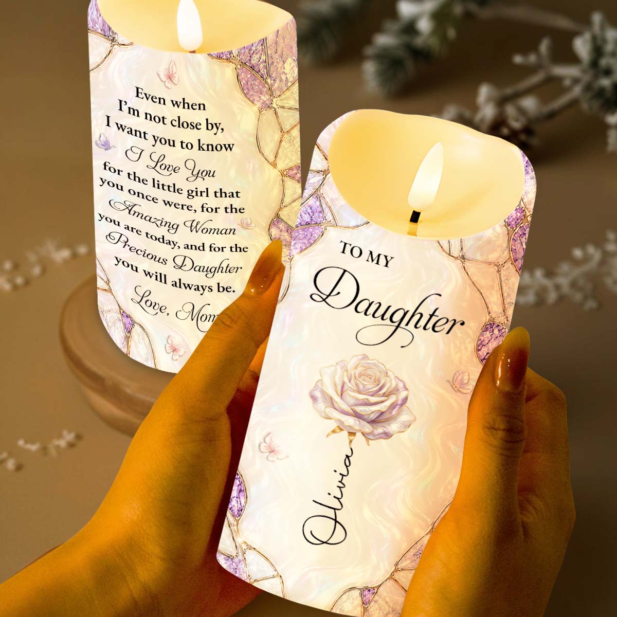 To My Daughter Even When I Am Not Close By Birth Flower Butterfly - Personalized Custom LED Candle - DAU576_LECA
