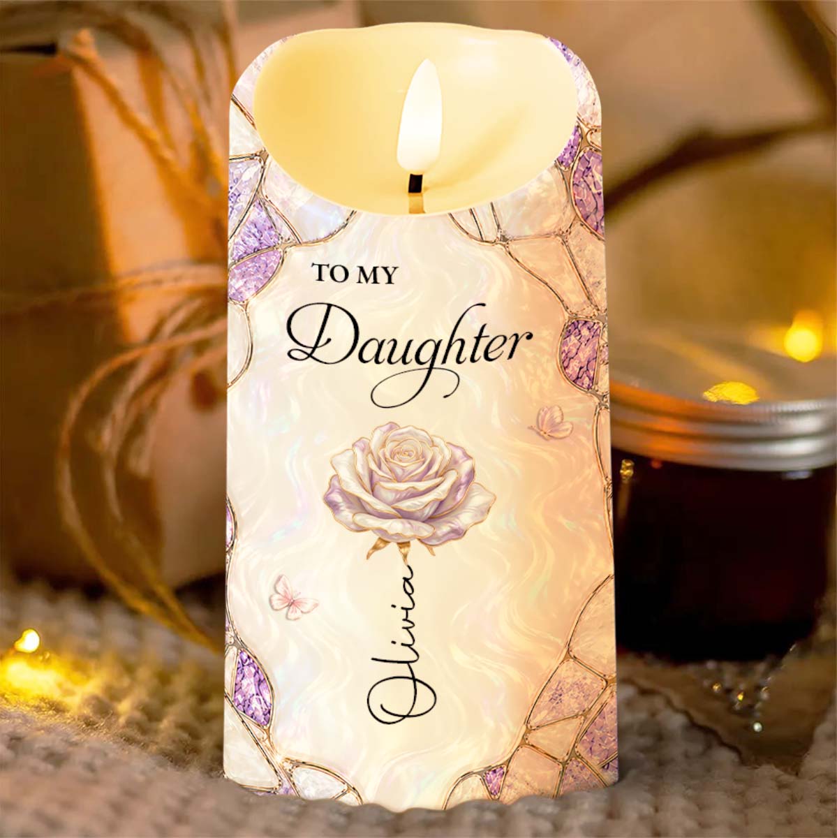 To My Daughter Even When I Am Not Close By Birth Flower Butterfly - Personalized Custom LED Candle - DAU576_LECA
