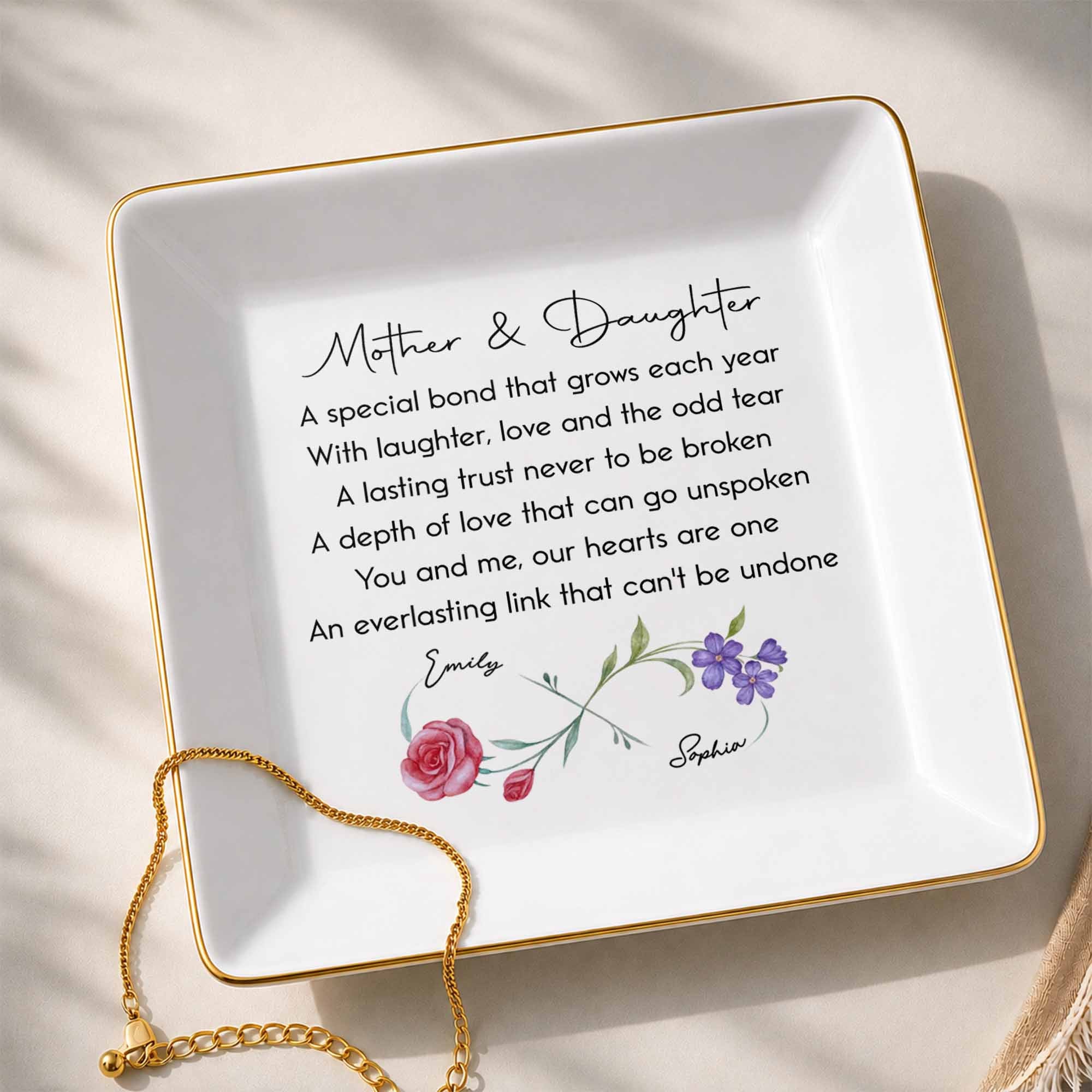 Mother & Daughter A Special Bond Infinity Birth Flowers Jewelry Dish - Personalized Custom Jewelry Dish, Square Ceramic Dish - DAU584_SCRD