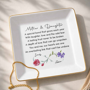 Mother & Daughter A Special Bond Infinity Birth Flowers Jewelry Dish - Personalized Custom Jewelry Dish, Square Ceramic Dish - DAU584_SCRD