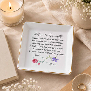 Mother & Daughter A Special Bond Infinity Birth Flowers Jewelry Dish - Personalized Custom Jewelry Dish, Square Ceramic Dish - DAU584_SCRD