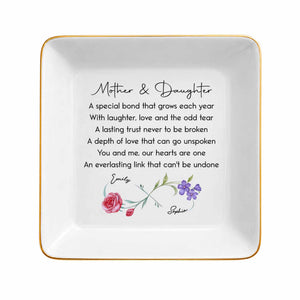 Mother & Daughter A Special Bond Infinity Birth Flowers Jewelry Dish - Personalized Custom Jewelry Dish, Square Ceramic Dish - DAU584_SCRD