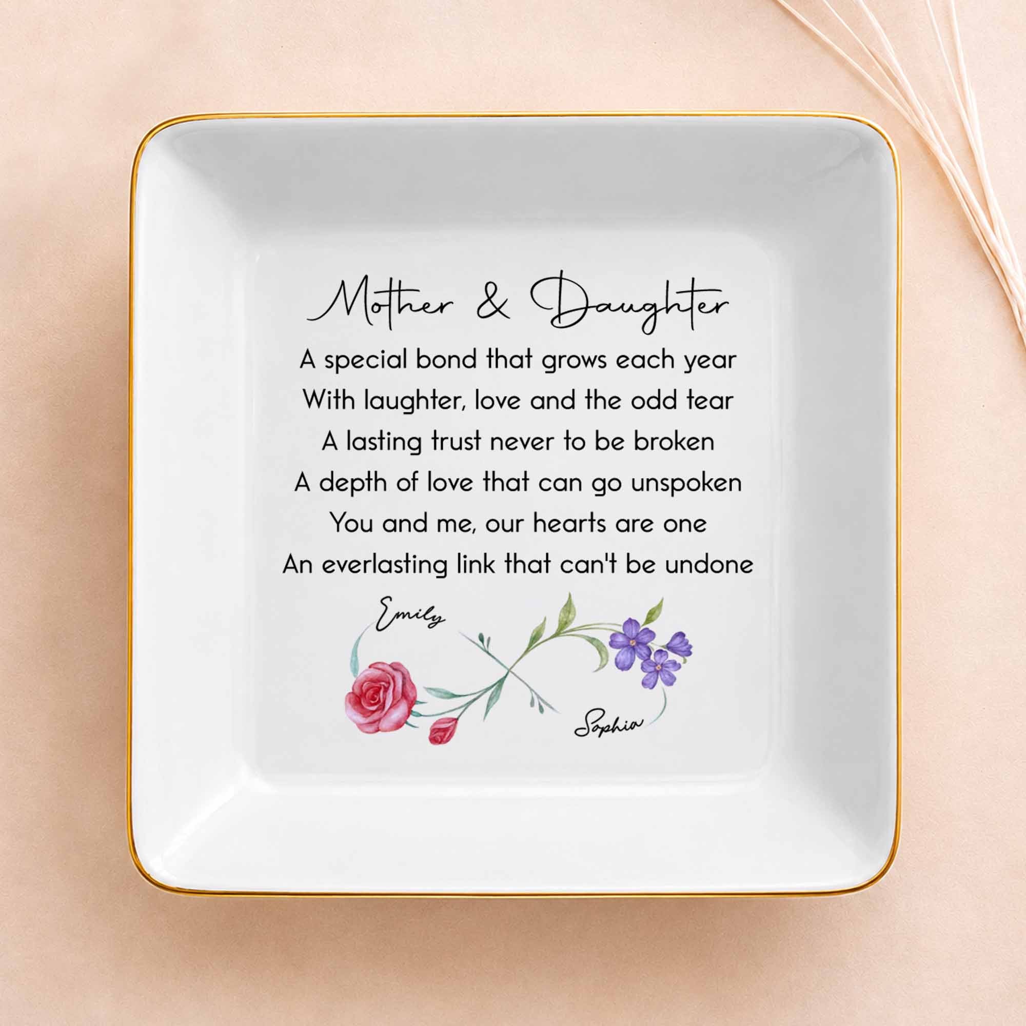 Mother & Daughter A Special Bond Infinity Birth Flowers Jewelry Dish - Personalized Custom Jewelry Dish, Square Ceramic Dish - DAU584_SCRD