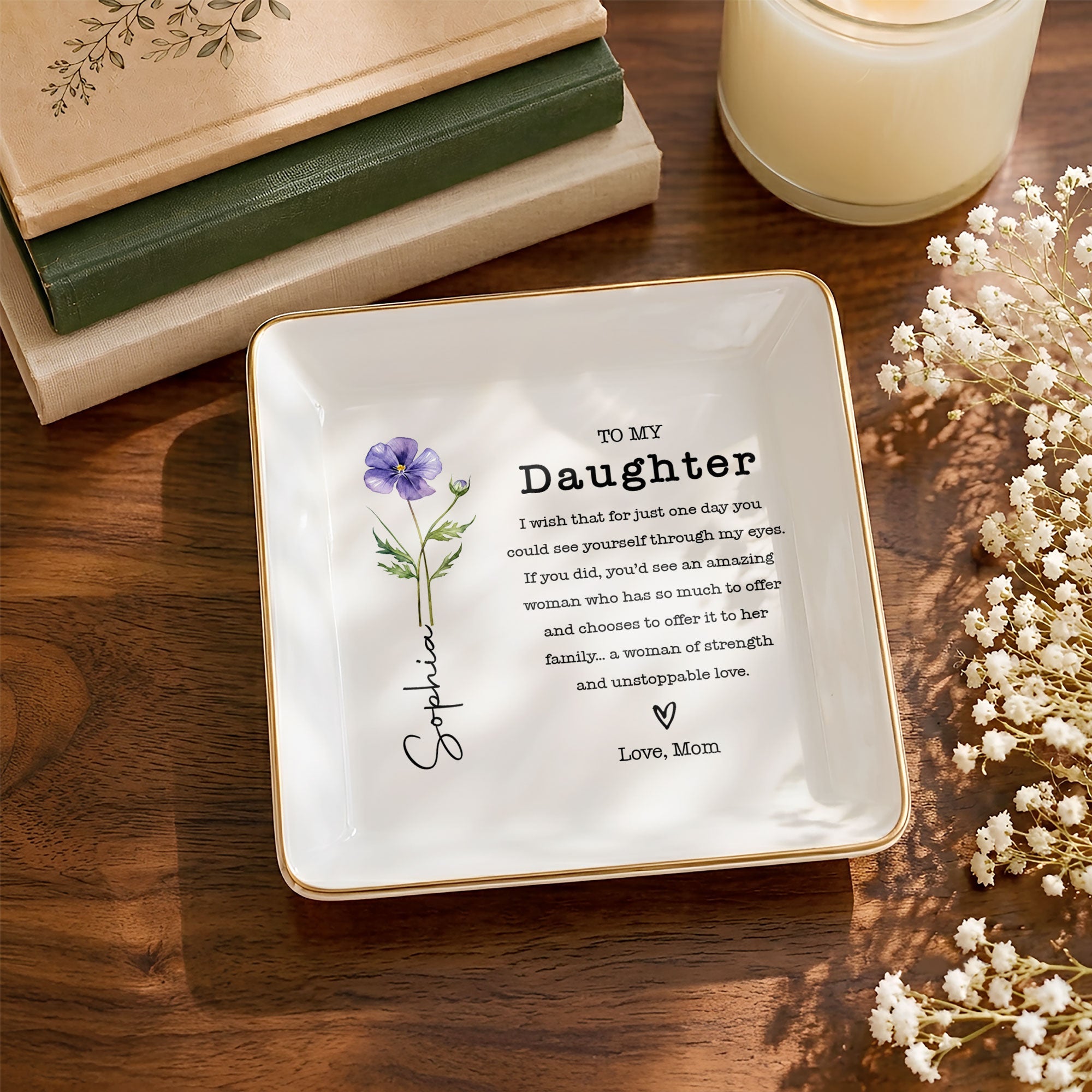 To My Daughter Amazing Woman Strength Birth Month Flower - Personalized Custom Jewelry Dish, Square Ceramic Dish - DAU585_SCRD