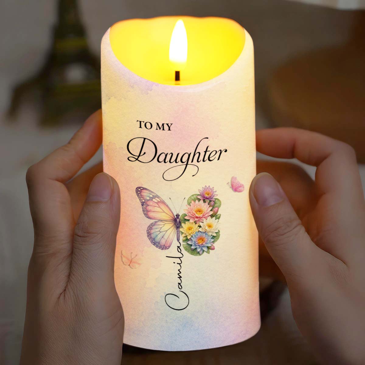 To My Daughter Even When I Am Not Close By Butterfly Flower - Personalized Custom LED Candle - DAU587_LECA
