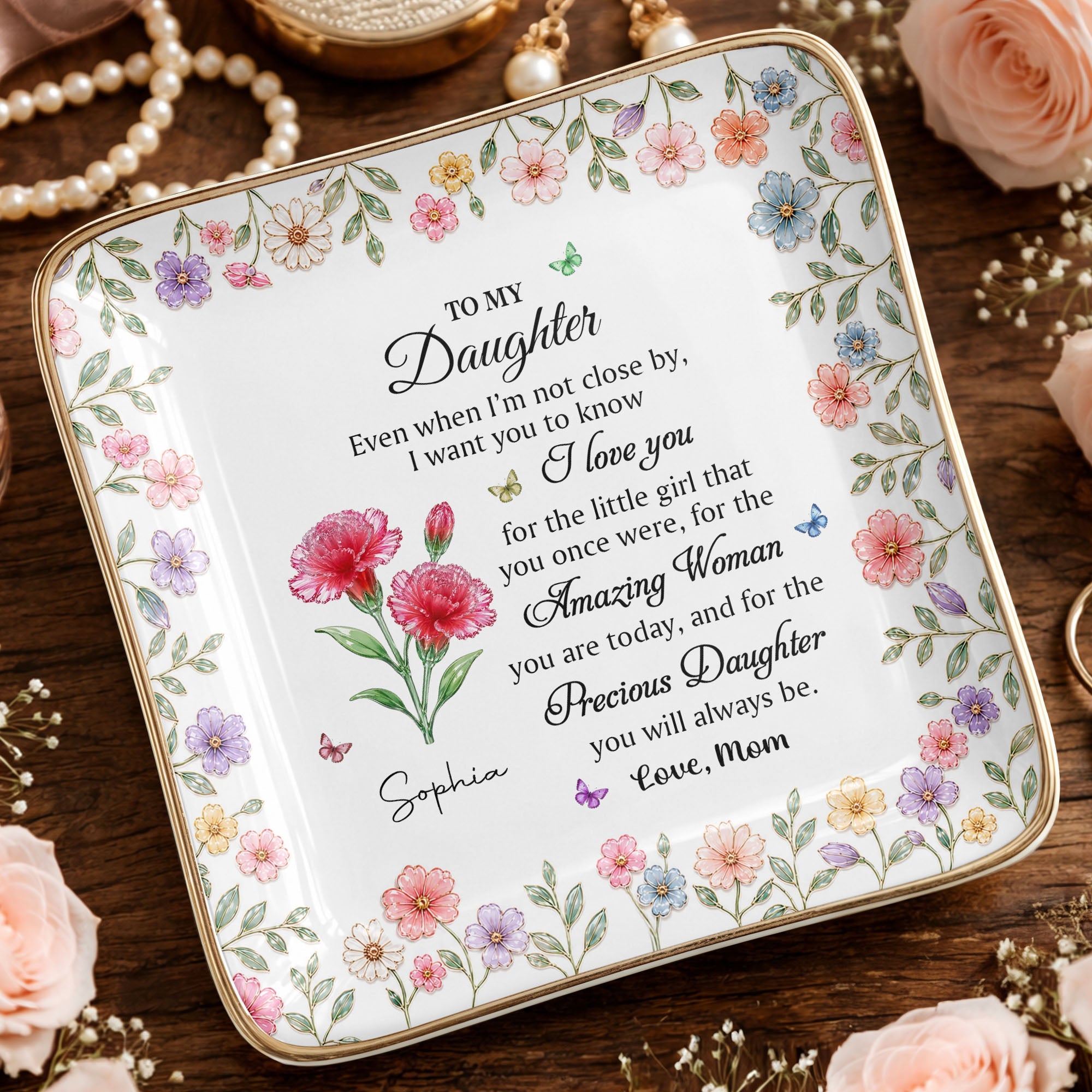 To My Daughter Amazing Woman Precious Daughter Birth Month Flowers - Personalized Custom Jewelry Dish, Ceramic Dish, Square Shape - DAU589_SCRF