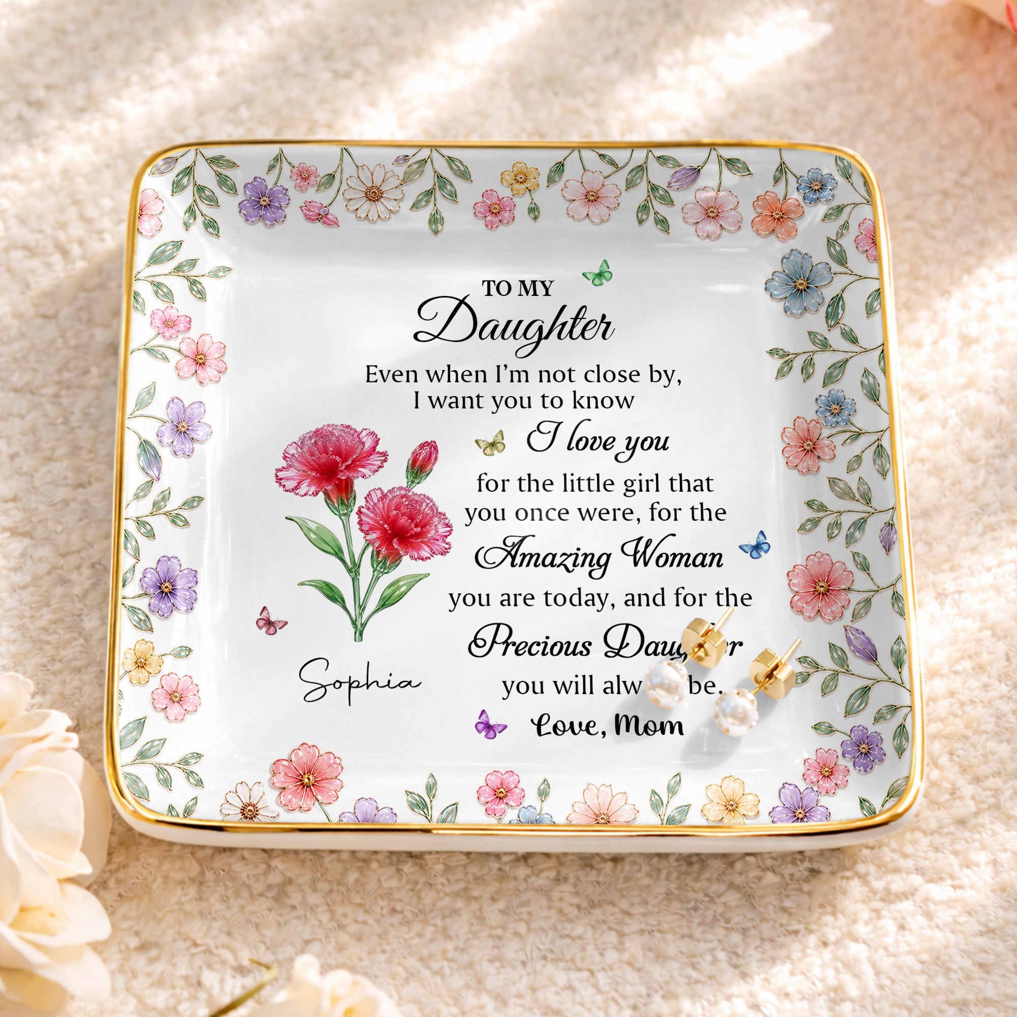 To My Daughter Amazing Woman Precious Daughter Birth Month Flowers - Personalized Custom Jewelry Dish, Ceramic Dish, Square Shape - DAU589_SCRF