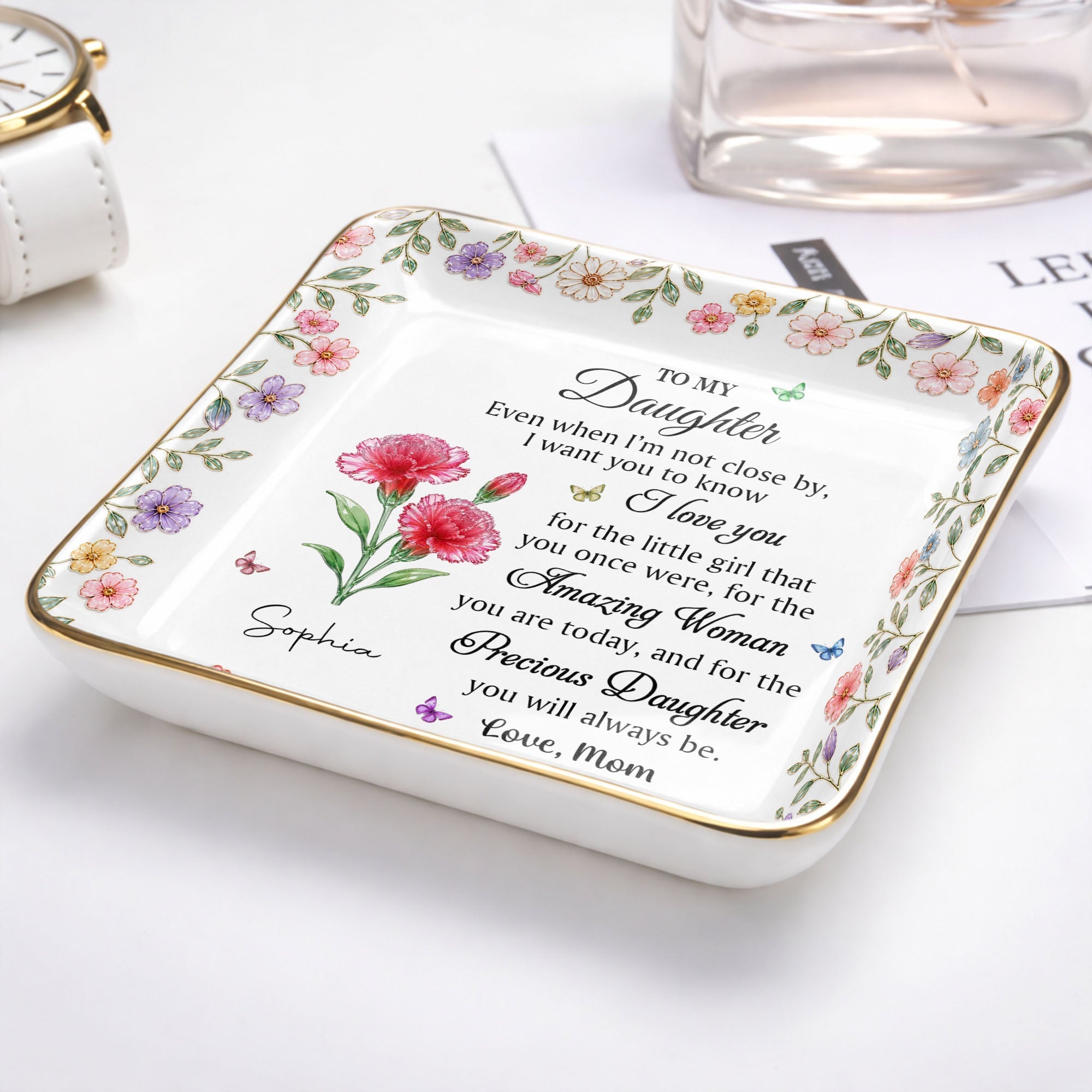 To My Daughter Amazing Woman Precious Daughter Birth Month Flowers - Personalized Custom Jewelry Dish, Ceramic Dish, Square Shape - DAU589_SCRF