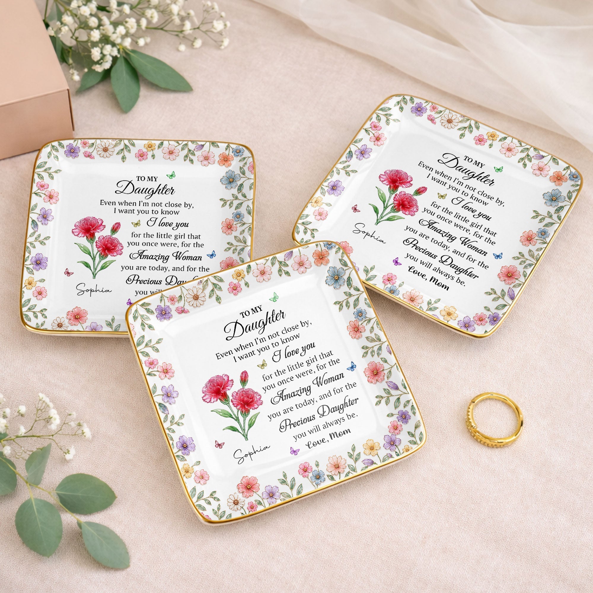 To My Daughter Amazing Woman Precious Daughter Birth Month Flowers - Personalized Custom Jewelry Dish, Ceramic Dish, Square Shape - DAU589_SCRF