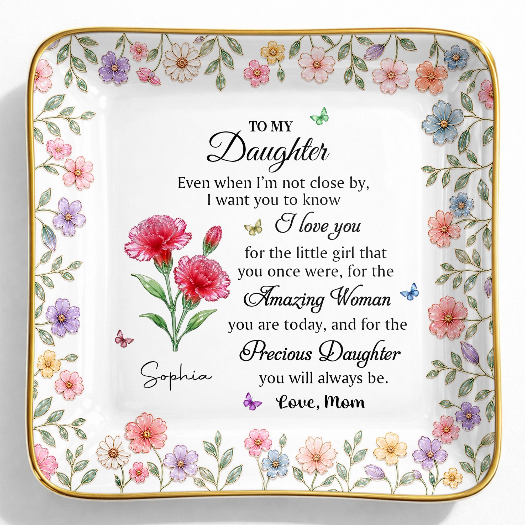 To My Daughter Amazing Woman Precious Daughter Birth Month Flowers - Personalized Custom Jewelry Dish, Ceramic Dish, Square Shape - DAU589_SCRF