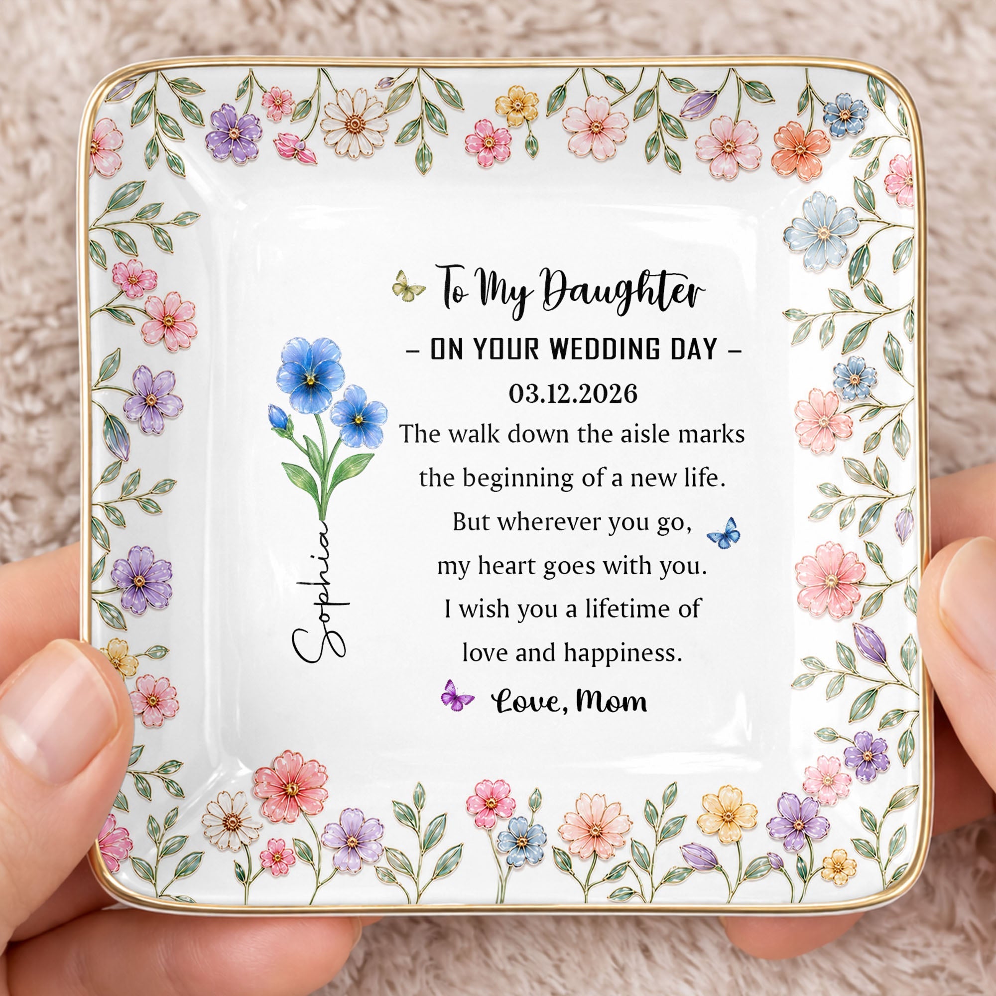 To My Daughter On Your Wedding Day Floral Birth Month Flowers - Personalized Custom Jewelry Dish, Ceramic Dish, Square Shape - DAU590_SCRF