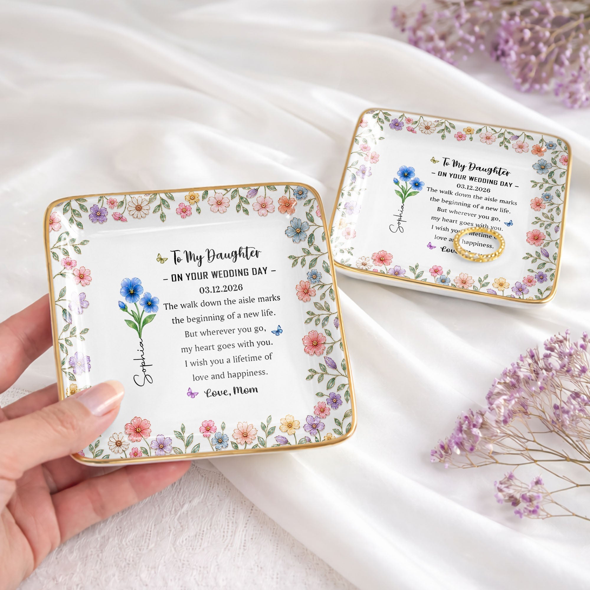 To My Daughter On Your Wedding Day Floral Birth Month Flowers - Personalized Custom Jewelry Dish, Ceramic Dish, Square Shape - DAU590_SCRF