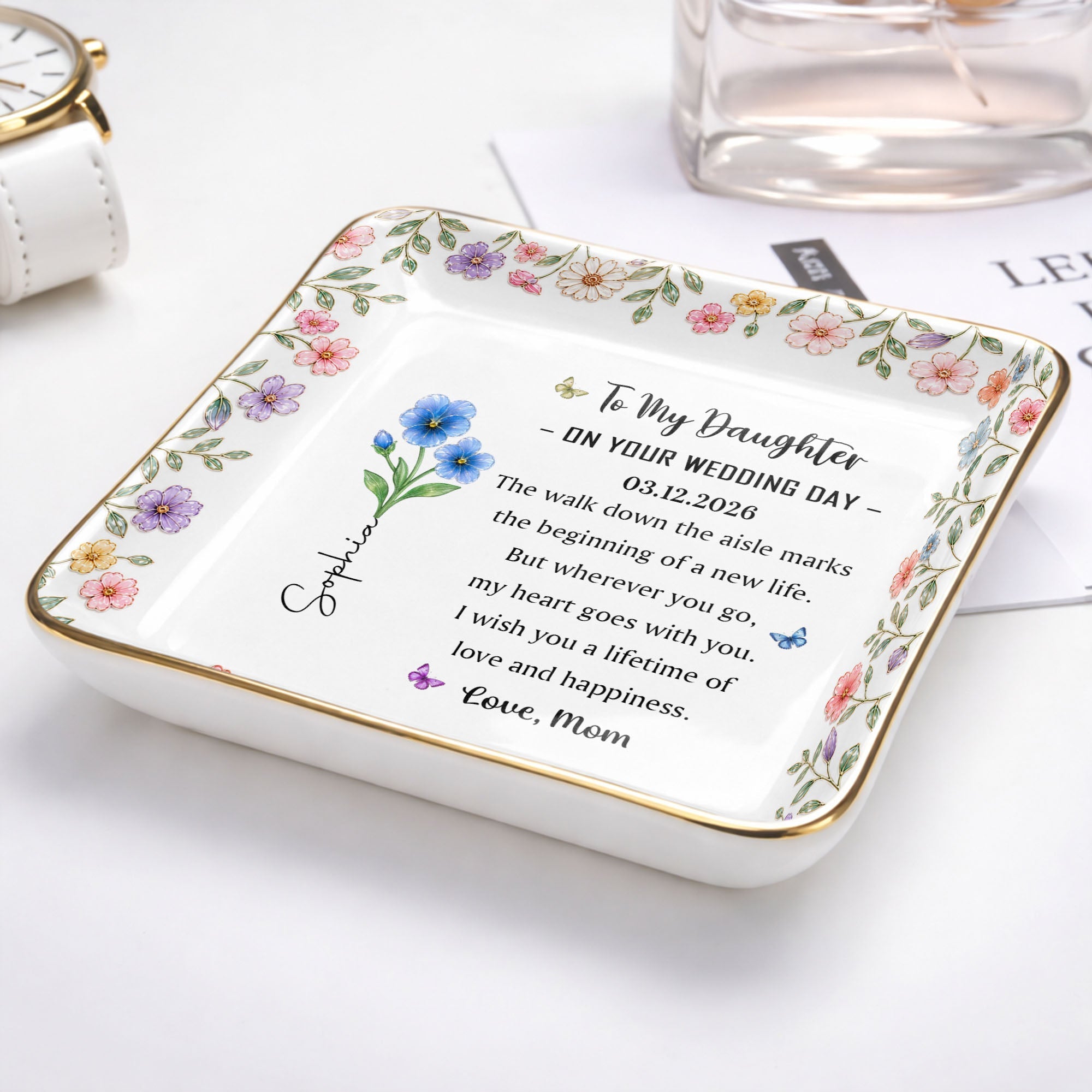To My Daughter On Your Wedding Day Floral Birth Month Flowers - Personalized Custom Jewelry Dish, Ceramic Dish, Square Shape - DAU590_SCRF