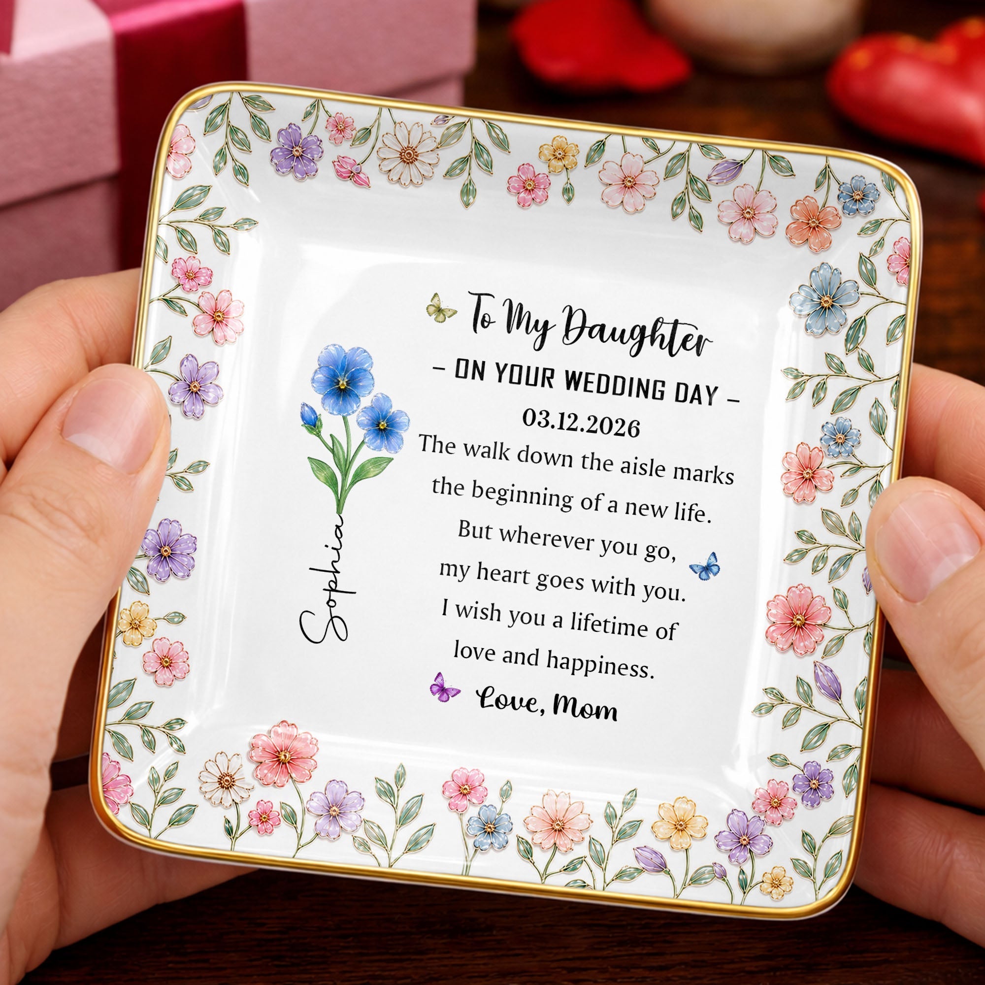 To My Daughter On Your Wedding Day Floral Birth Month Flowers - Personalized Custom Jewelry Dish, Ceramic Dish, Square Shape - DAU590_SCRF