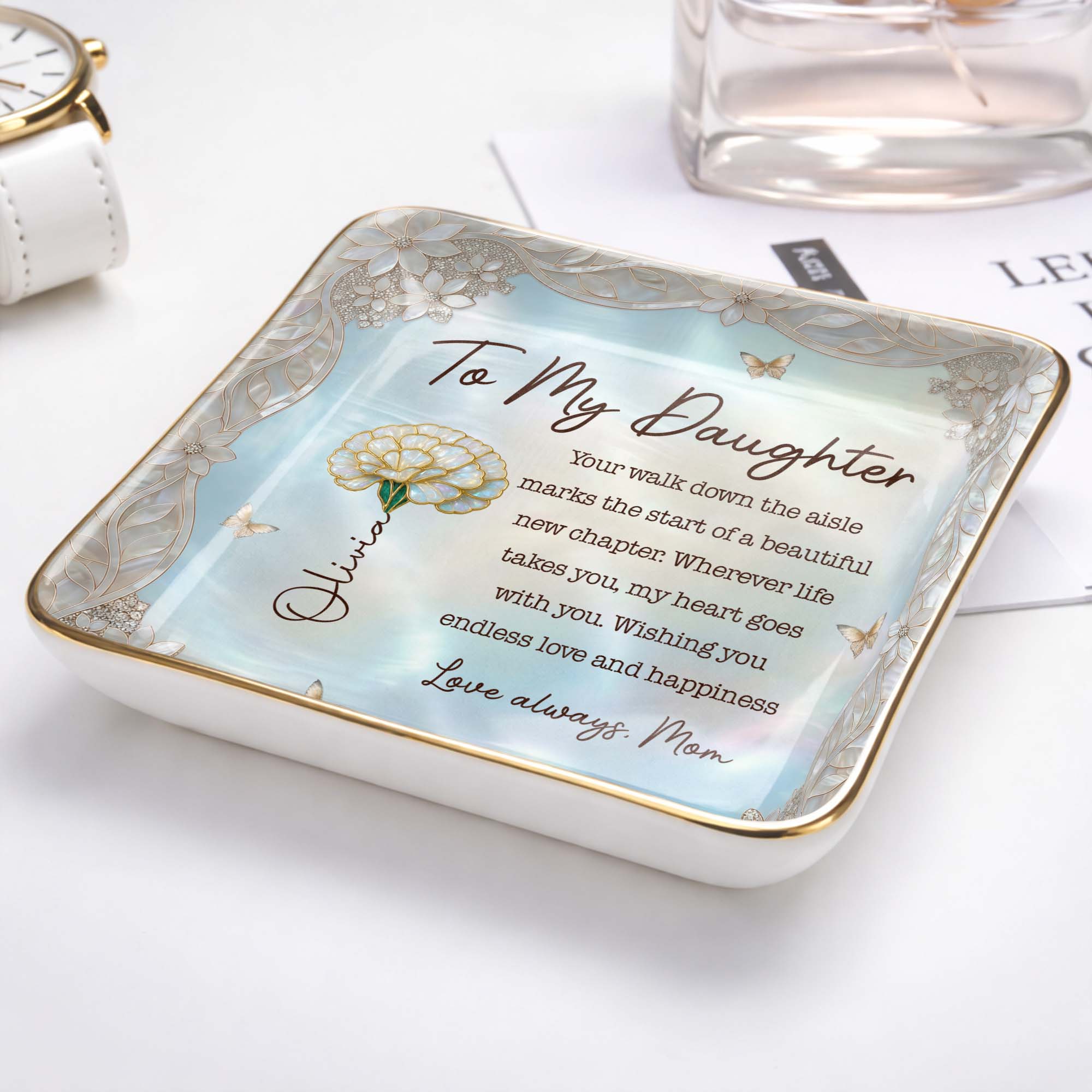 To My Daughter Your Walk Down The Aisle Flower And Butterfly Jewelry Dish - Personalized Custom Jewelry Dish, Ceramic Dish, Square Shape - DAU601_SCRF