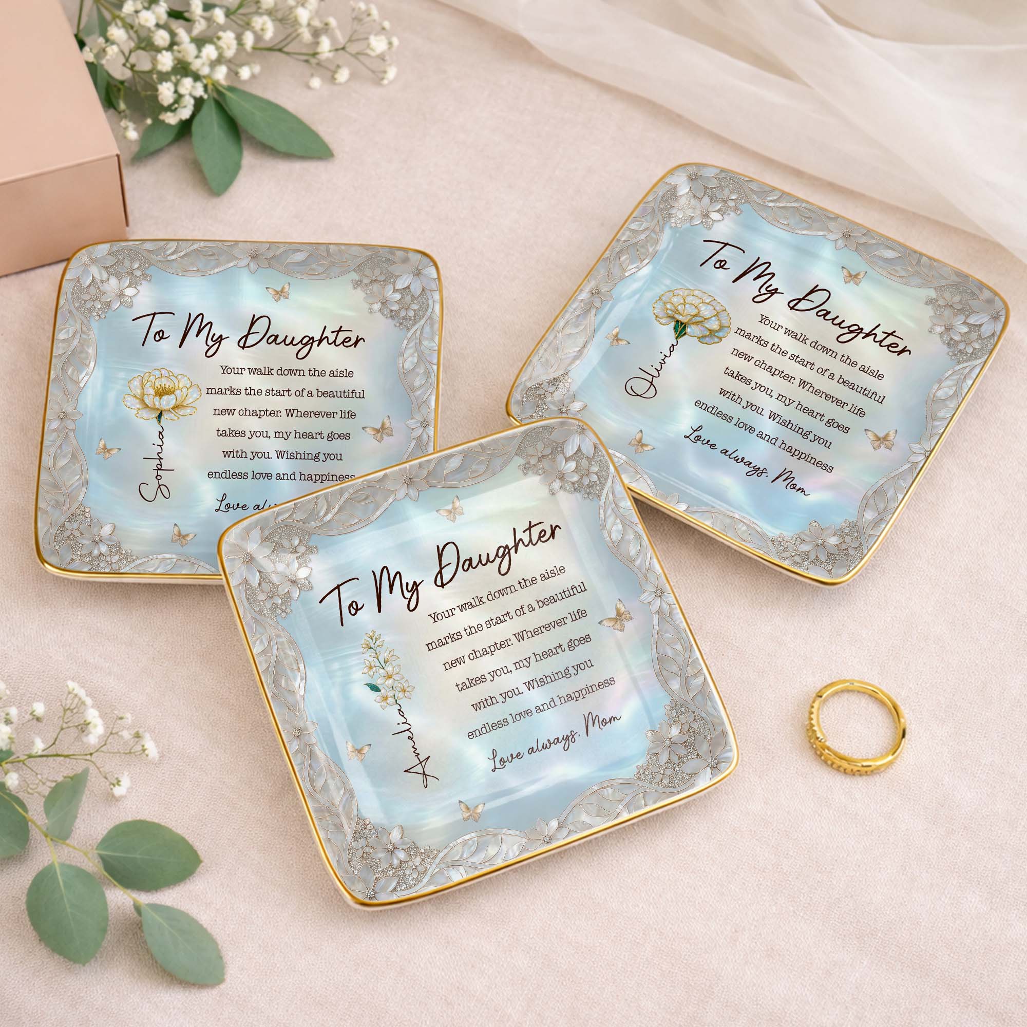 To My Daughter Your Walk Down The Aisle Flower And Butterfly Jewelry Dish - Personalized Custom Jewelry Dish, Ceramic Dish, Square Shape - DAU601_SCRF
