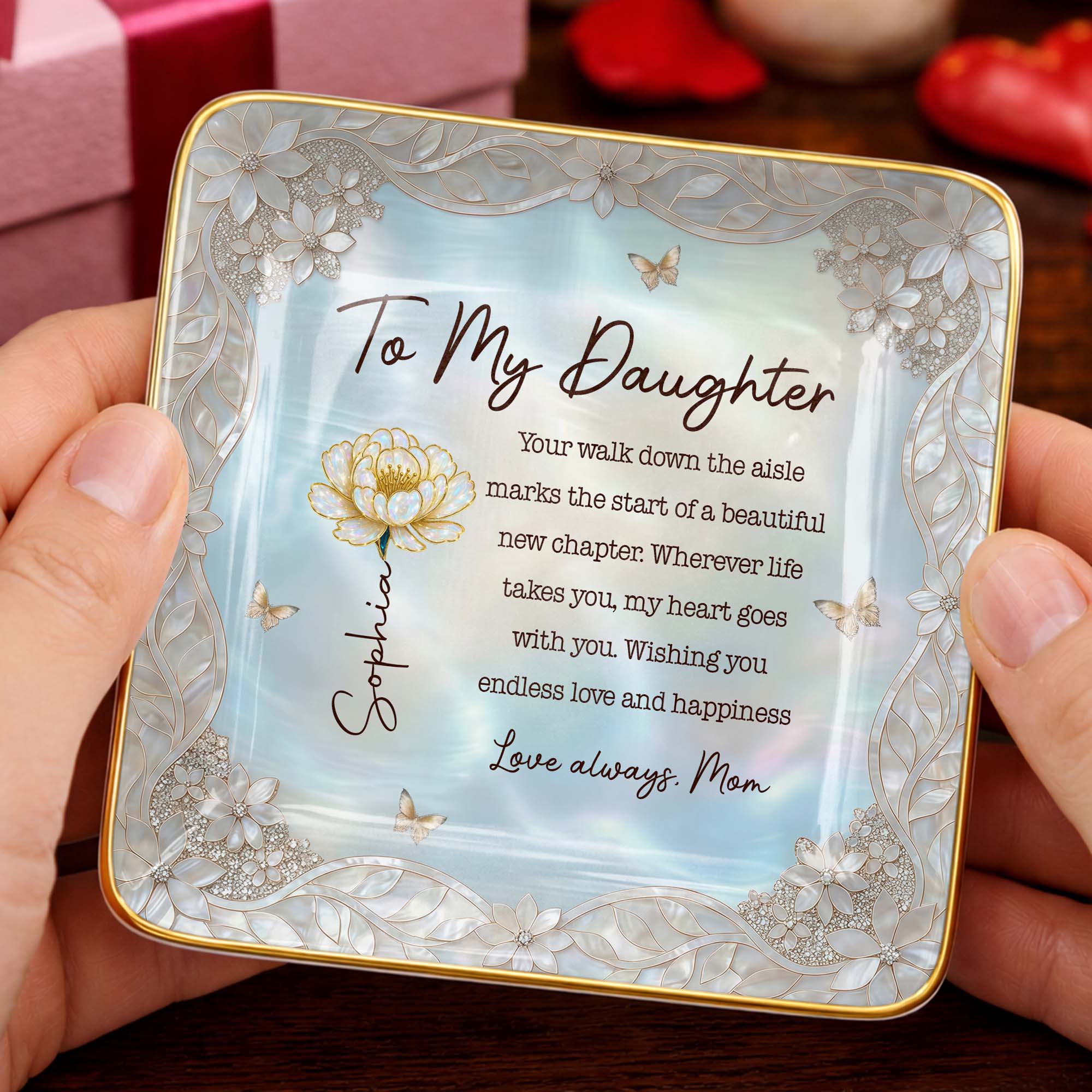To My Daughter Your Walk Down The Aisle Flower And Butterfly Jewelry Dish - Personalized Custom Jewelry Dish, Ceramic Dish, Square Shape - DAU601_SCRF