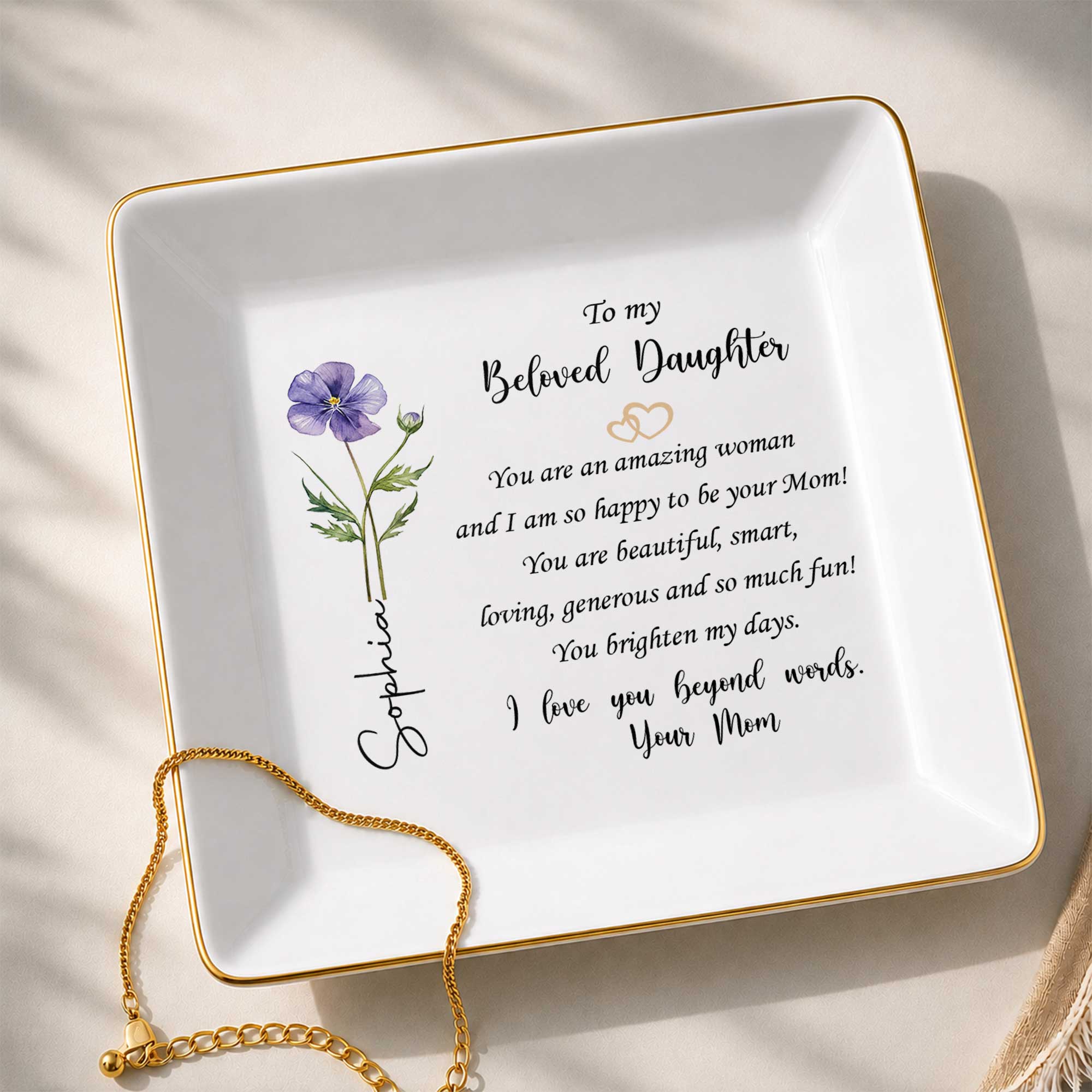 To My Beloved Daughter Flower Jewelry Dish For Amazing Daughter - Personalized Custom Jewelry Dish, Square Ceramic Dish - DAU611_SCRD