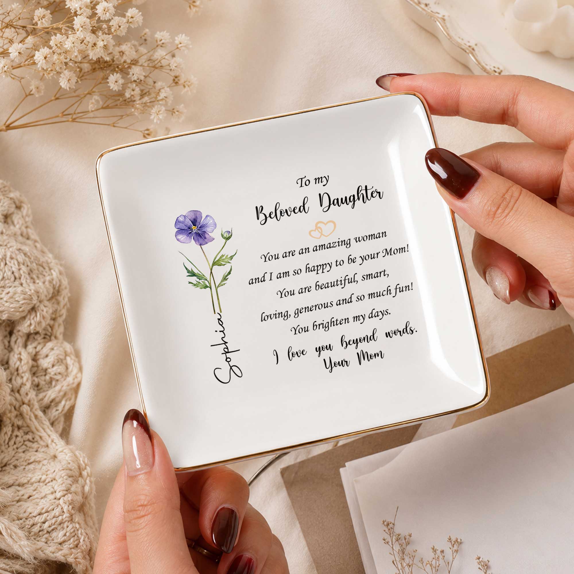 To My Beloved Daughter Flower Jewelry Dish For Amazing Daughter - Personalized Custom Jewelry Dish, Square Ceramic Dish - DAU611_SCRD