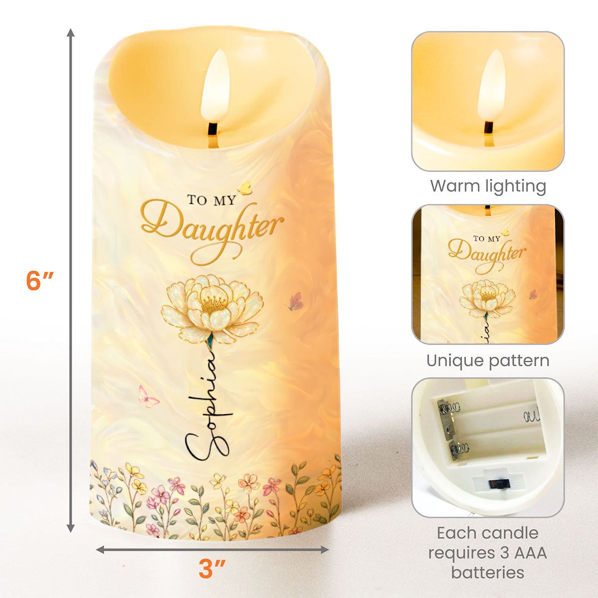 To My Daughter I Love You Birth Month Flower And Butterflies - Personalized Custom LED Candle - DAU612_LECA