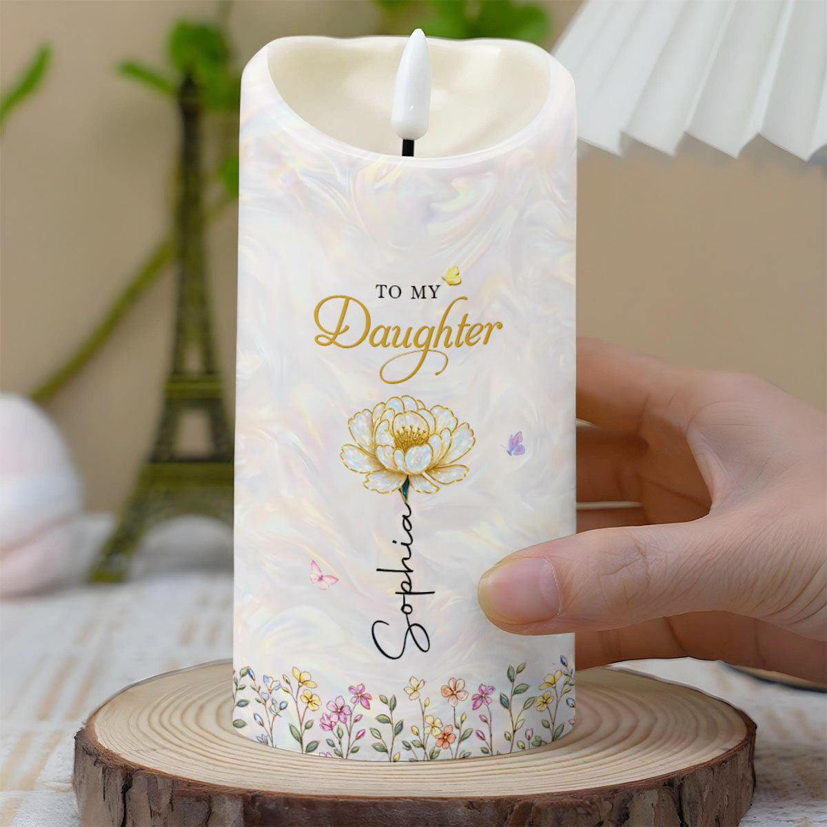 To My Daughter I Love You Birth Month Flower And Butterflies - Personalized Custom LED Candle - DAU612_LECA