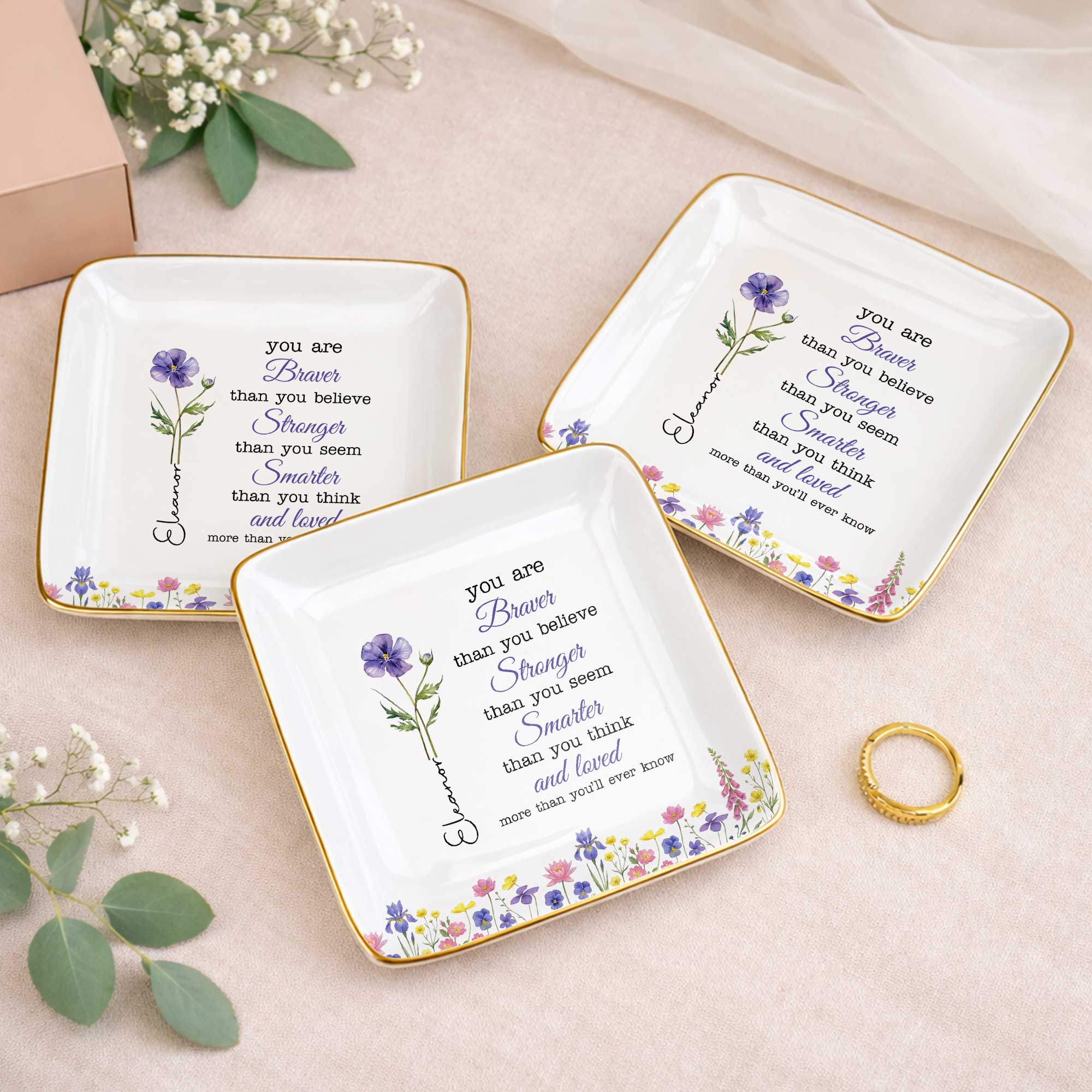 You Are Braver Stronger Smarter Custom Birth Month Watercolor Flowers - Personalized Custom Jewelry Dish, Ceramic Dish, Square Shape - DAU619_SCRF