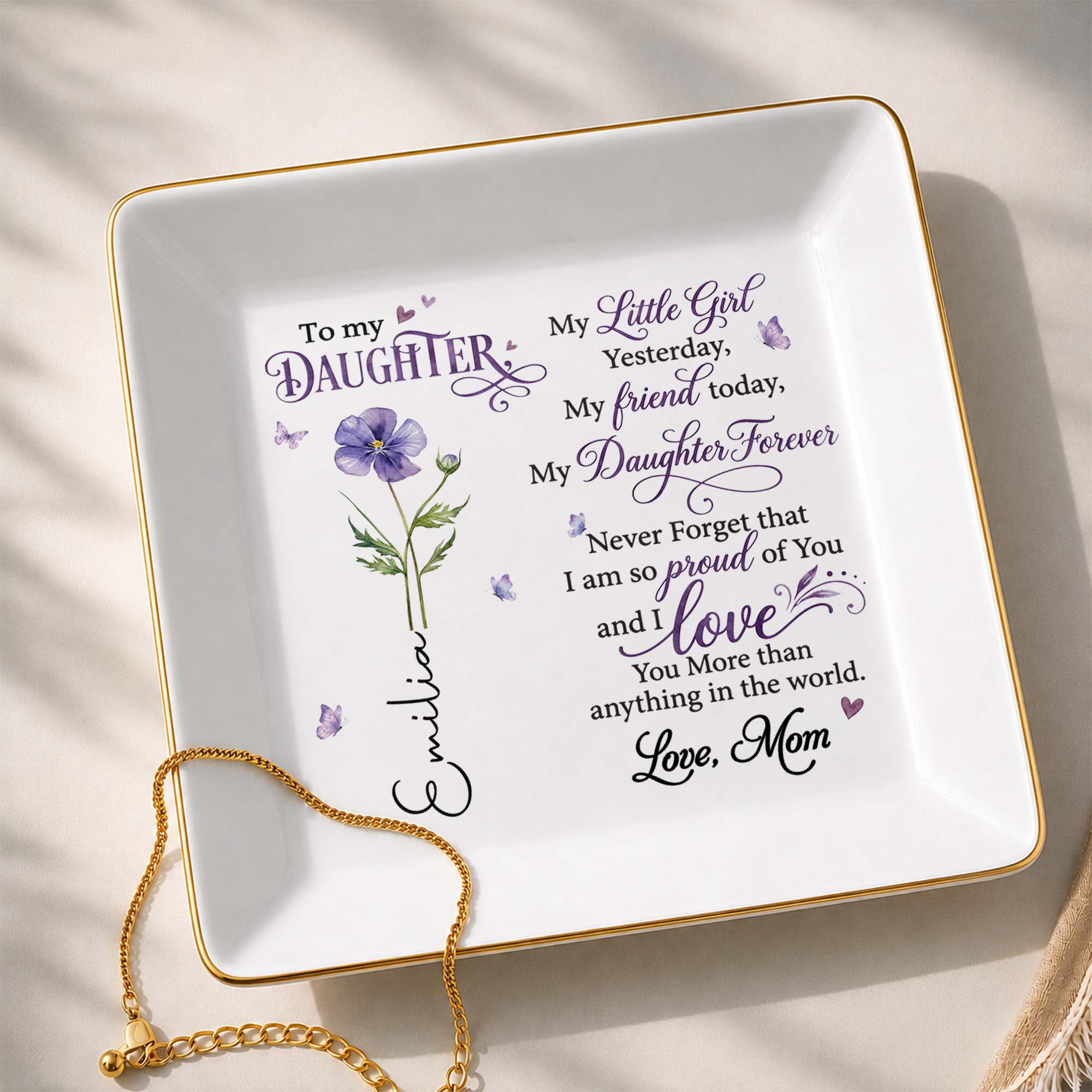 To My Daughter My Little Girl Birth Month Flower - Personalized Custom Jewelry Dish, Square Ceramic Dish - DAU627_SCRD