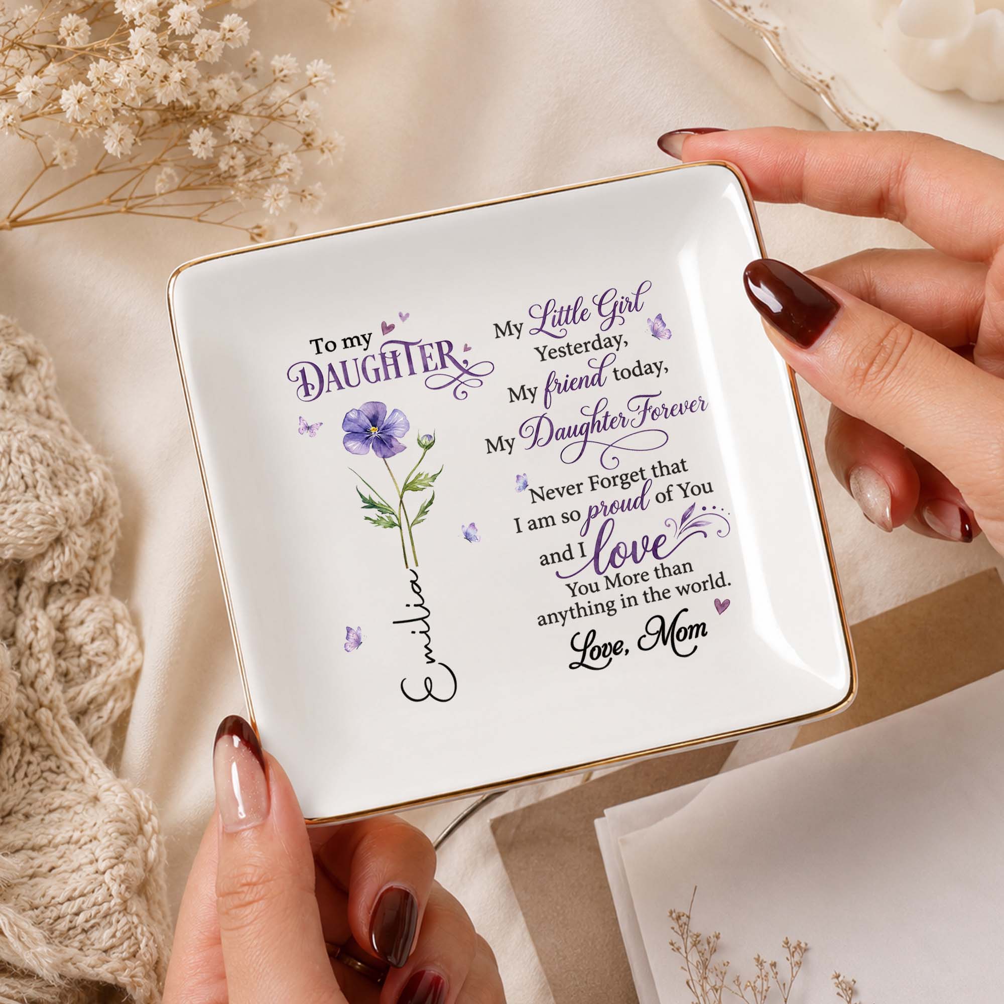 To My Daughter My Little Girl Birth Month Flower - Personalized Custom Jewelry Dish, Square Ceramic Dish - DAU627_SCRD