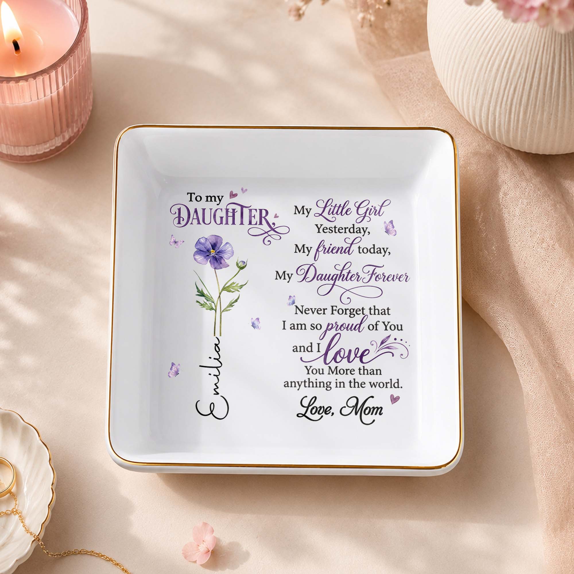 To My Daughter My Little Girl Birth Month Flower - Personalized Custom Jewelry Dish, Square Ceramic Dish - DAU627_SCRD