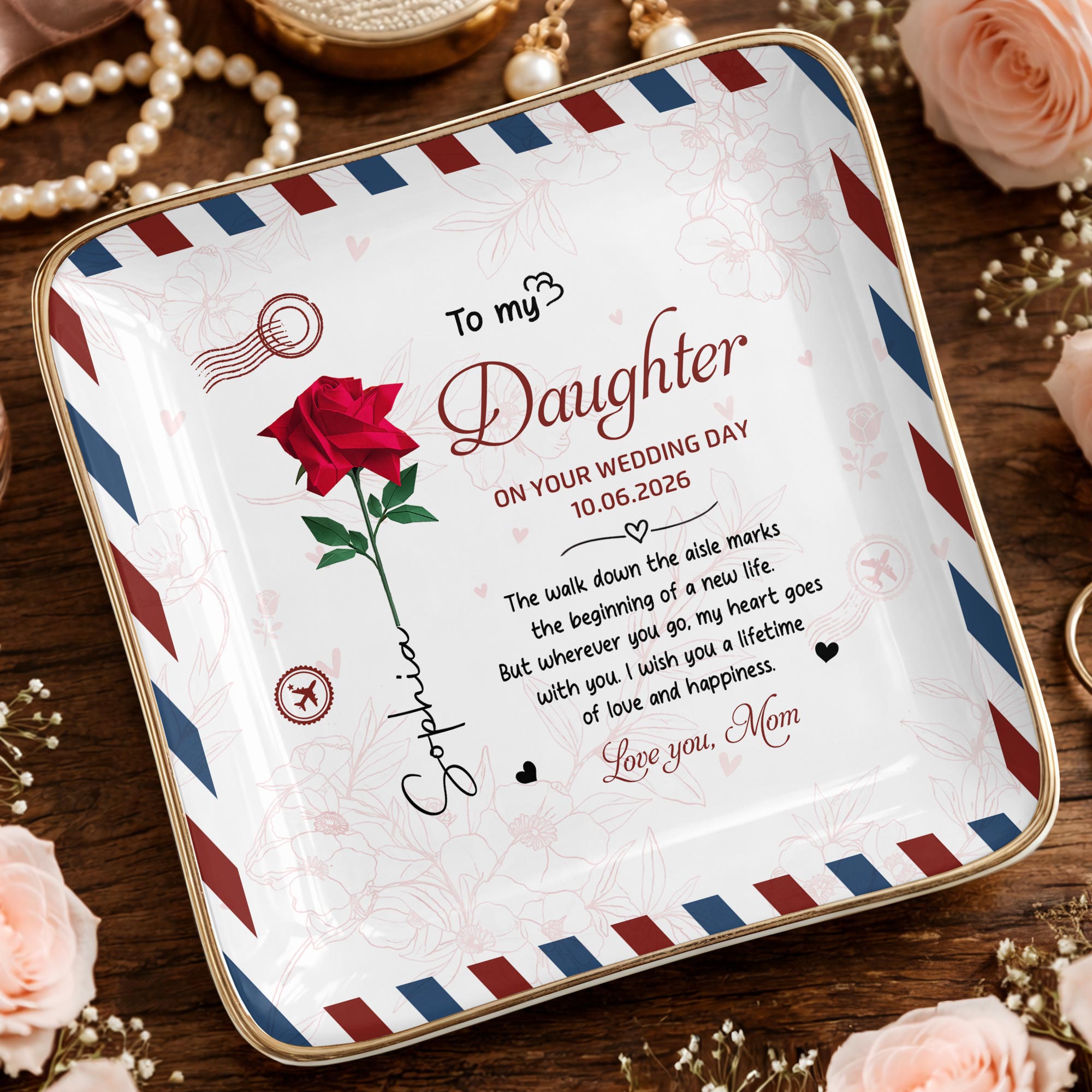 To My Daughter On Your Wedding Day Rose Envelope Design - Personalized Custom Jewelry Dish, Ceramic Dish, Square Shape - DAU634_SCRF