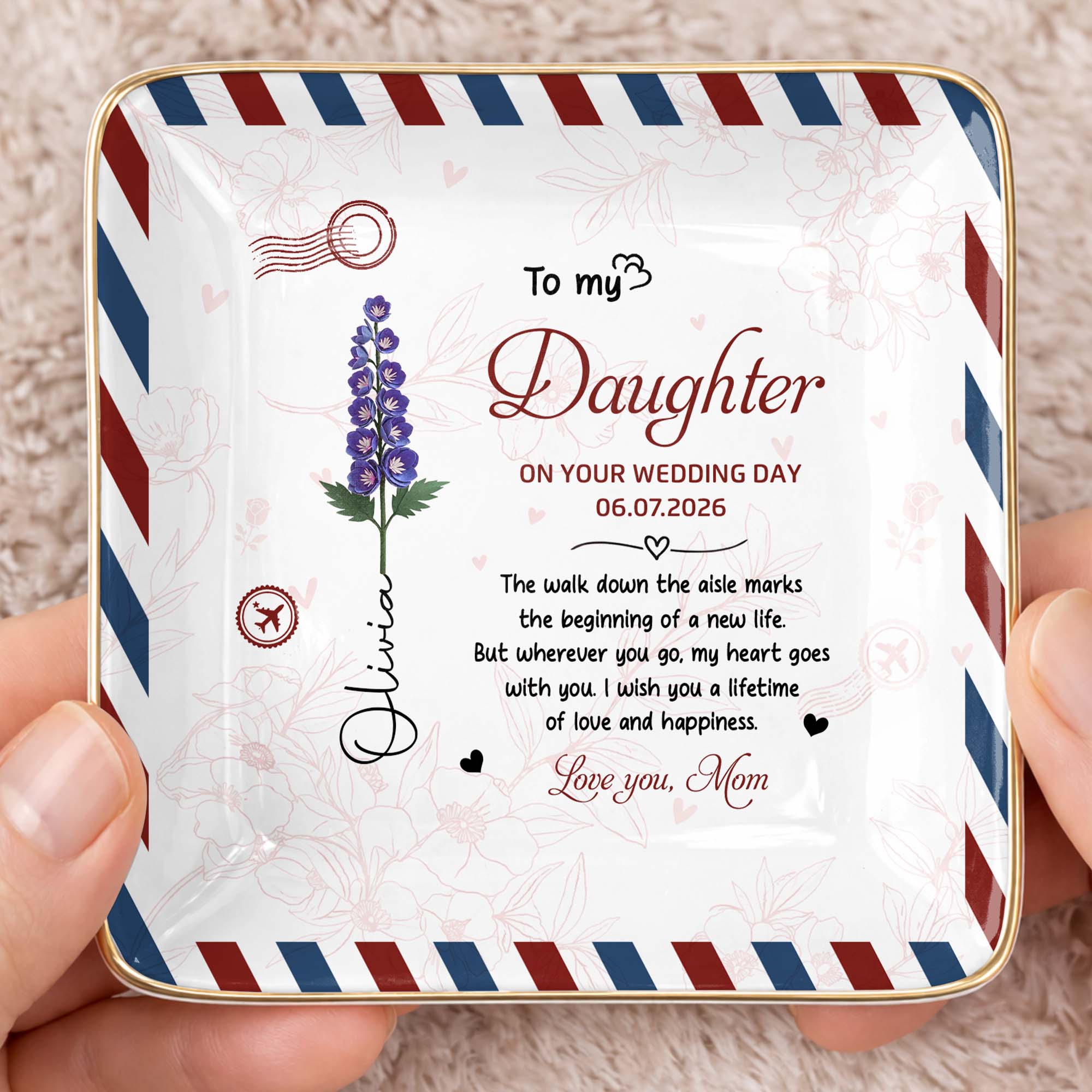 To My Daughter On Your Wedding Day Rose Envelope Design - Personalized Custom Jewelry Dish, Ceramic Dish, Square Shape - DAU634_SCRF
