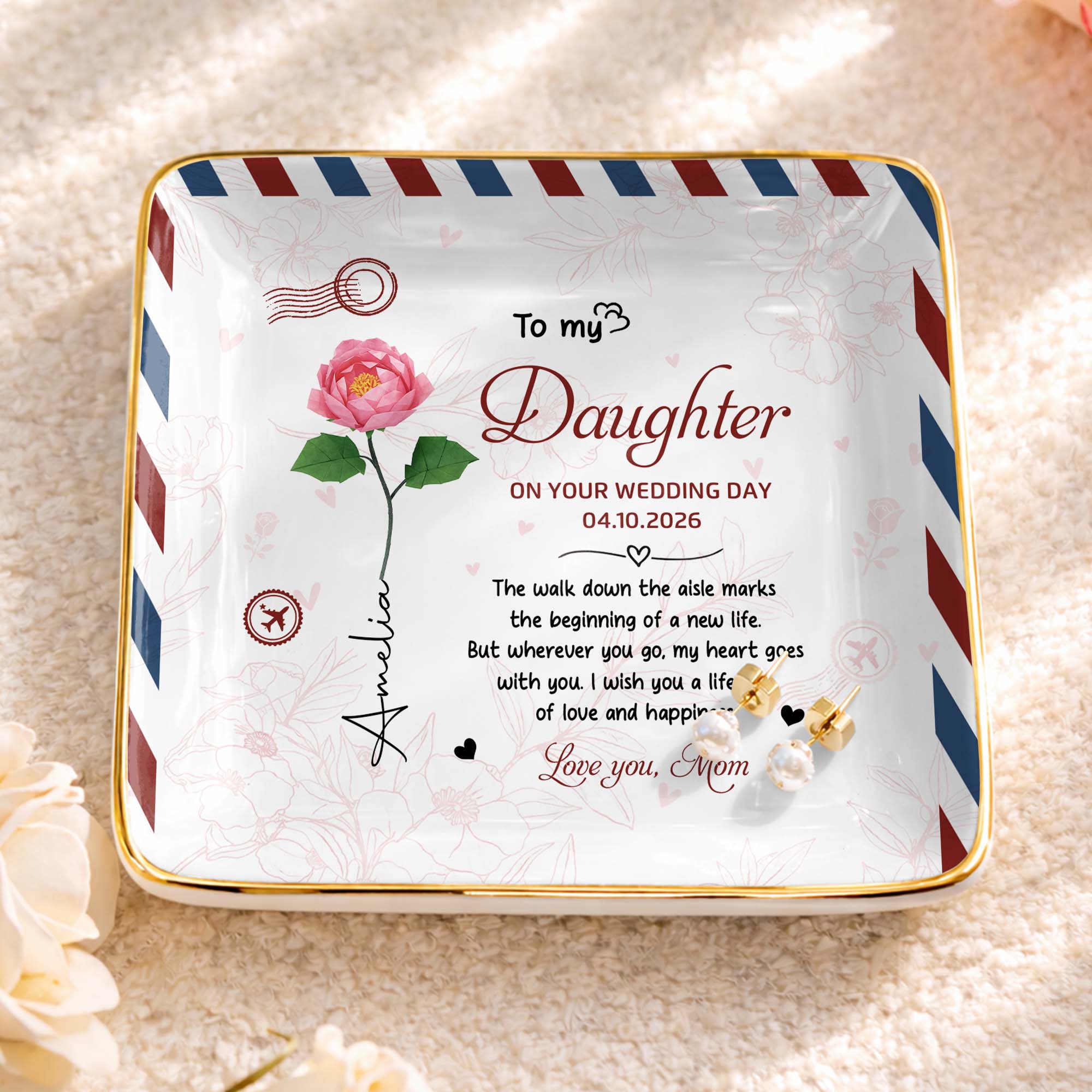 To My Daughter On Your Wedding Day Rose Envelope Design - Personalized Custom Jewelry Dish, Ceramic Dish, Square Shape - DAU634_SCRF