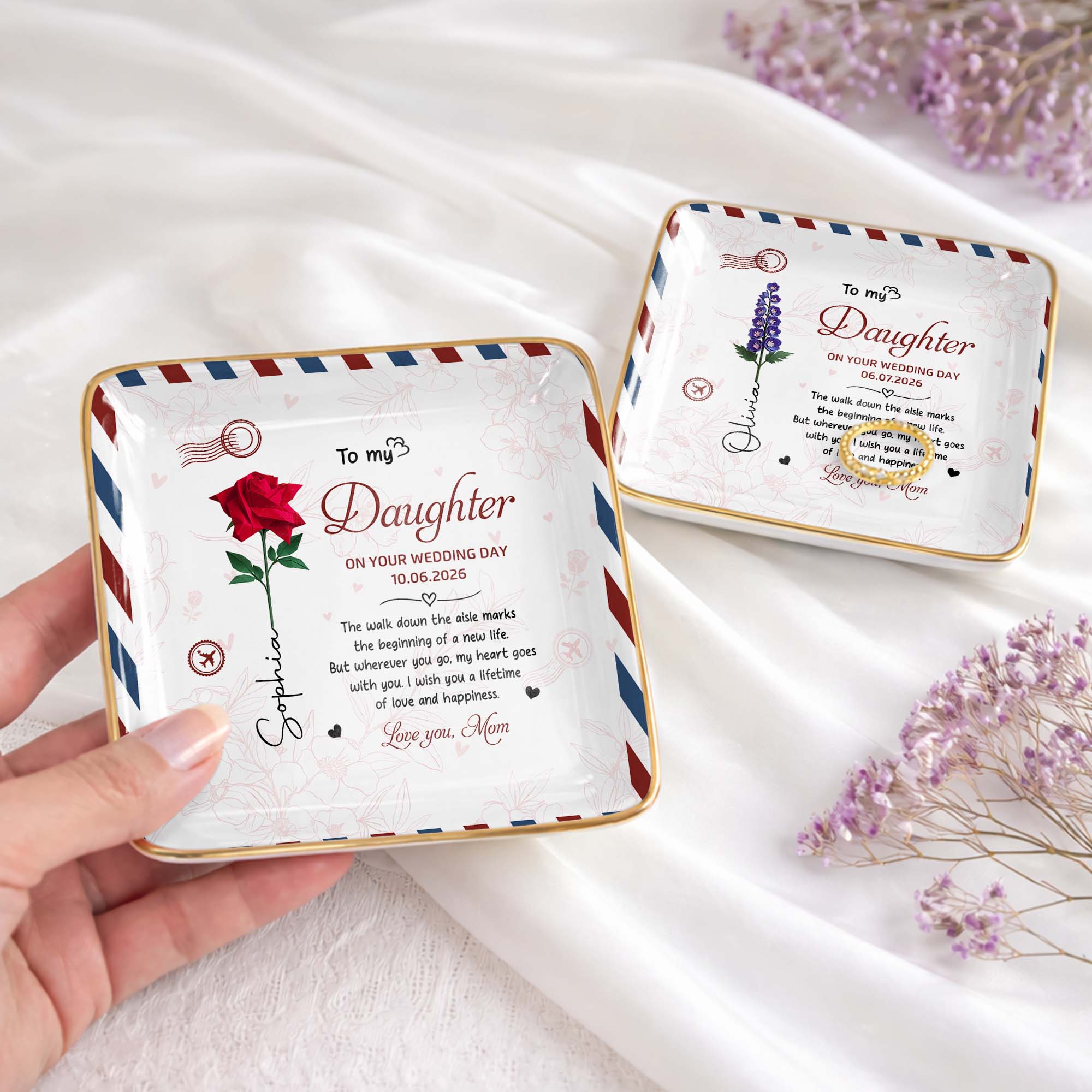 To My Daughter On Your Wedding Day Rose Envelope Design - Personalized Custom Jewelry Dish, Ceramic Dish, Square Shape - DAU634_SCRF