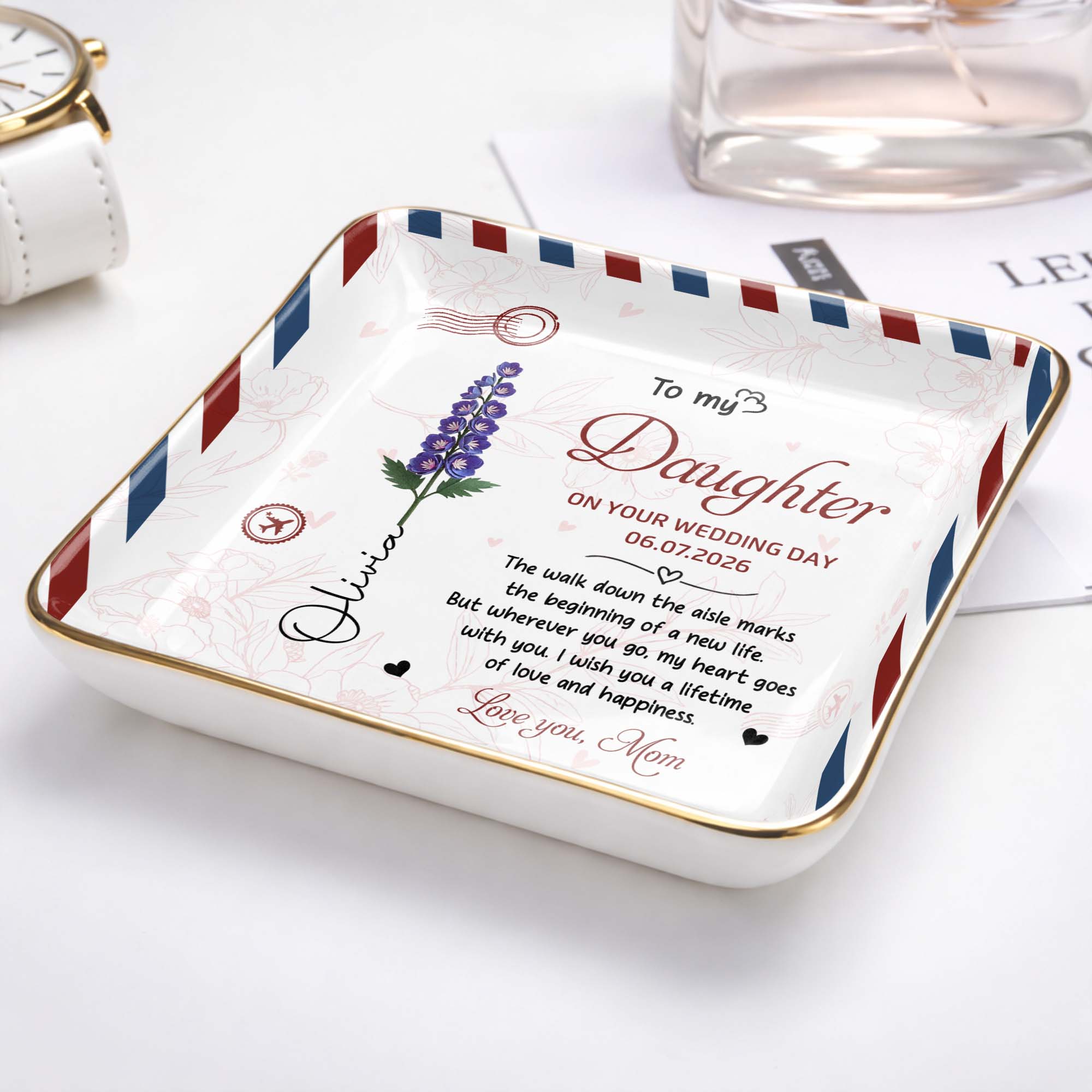 To My Daughter On Your Wedding Day Rose Envelope Design - Personalized Custom Jewelry Dish, Ceramic Dish, Square Shape - DAU634_SCRF