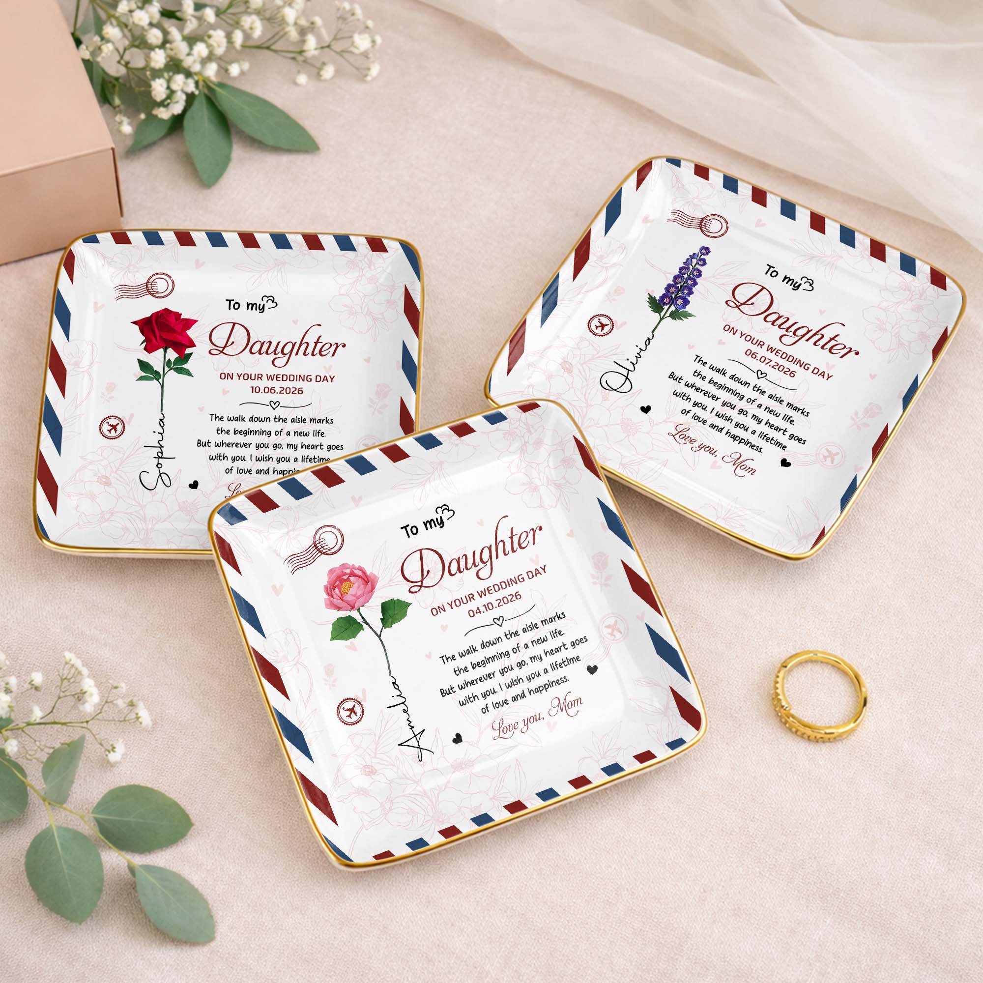 To My Daughter On Your Wedding Day Rose Envelope Design - Personalized Custom Jewelry Dish, Ceramic Dish, Square Shape - DAU634_SCRF